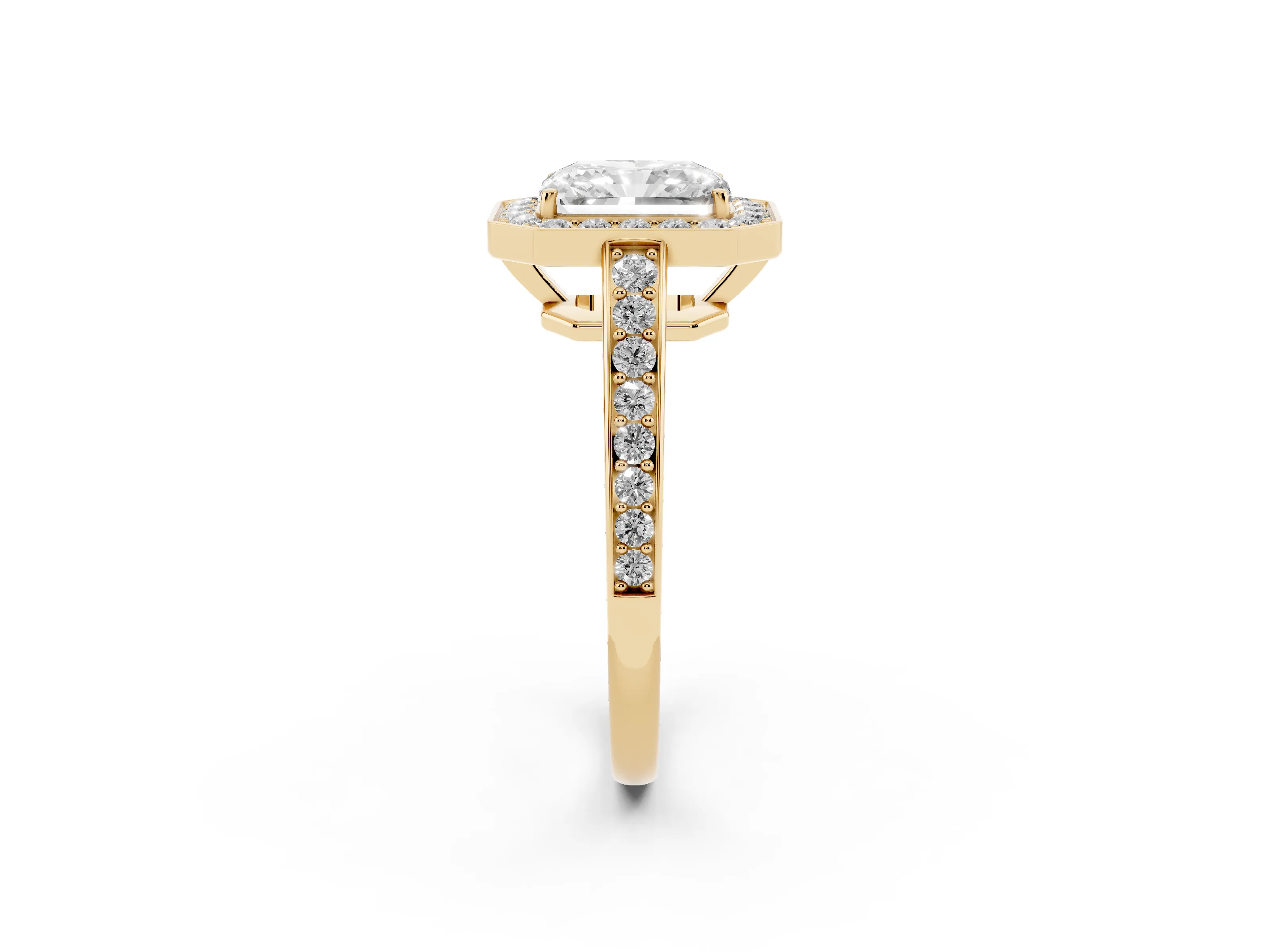 Radiant Cut Diamond Halo Pavé Engagement Ring Set in Yellow gold with Bezel Setting