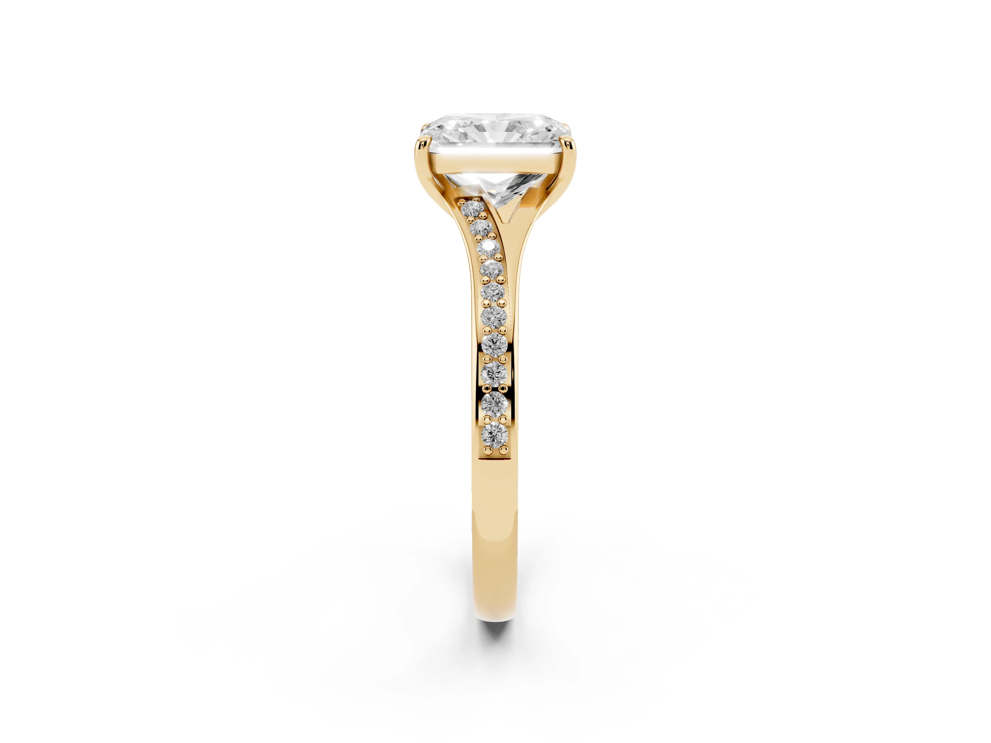 Radiant Cut Diamond Solitaire Ring Set in Yellow gold with Pavé Accent Band and Classic Prong Setting