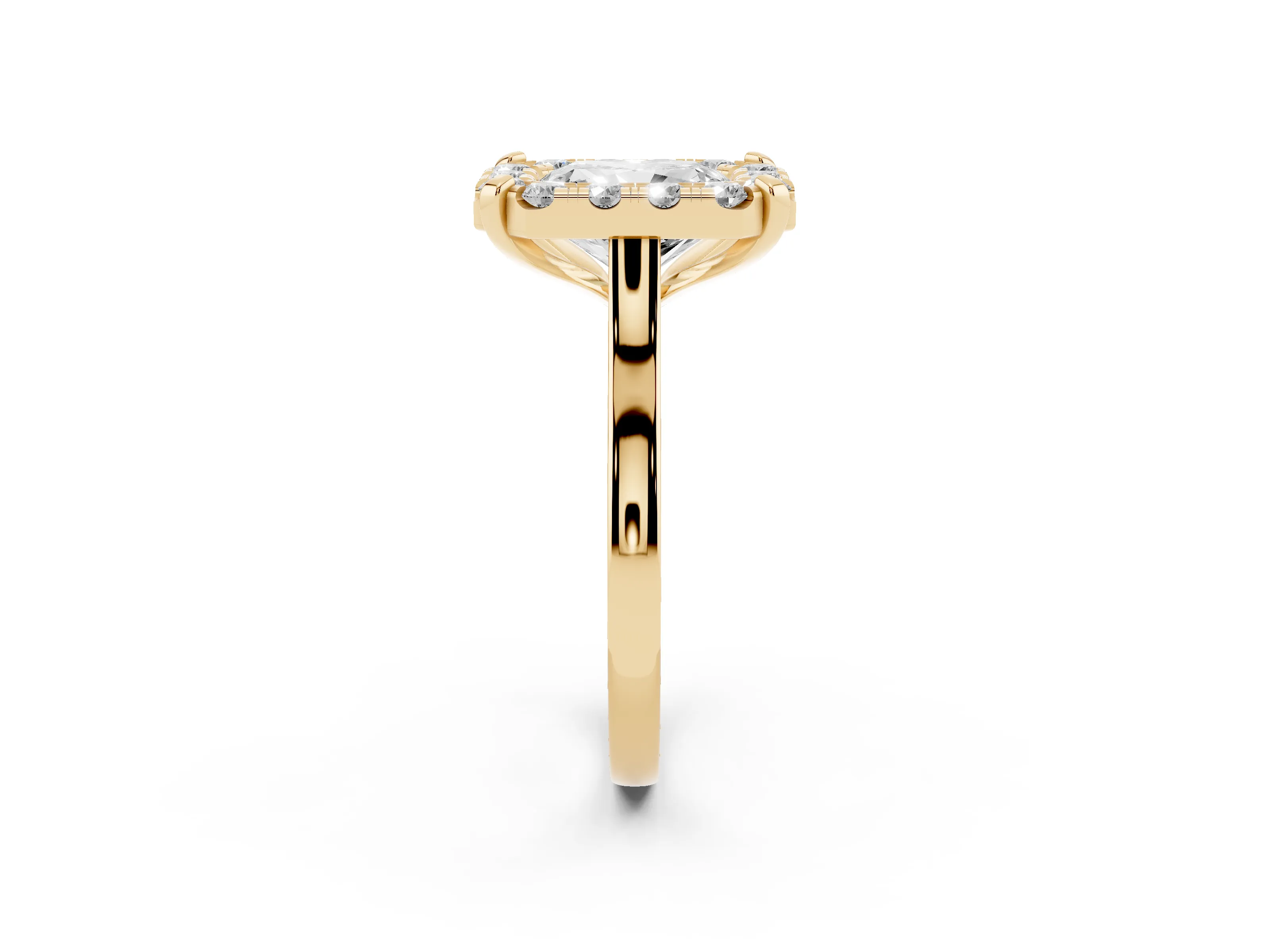 Radiant Cut Diamond Cluster Halo Solitaire Ring Set in Yellow gold with Prong Setting