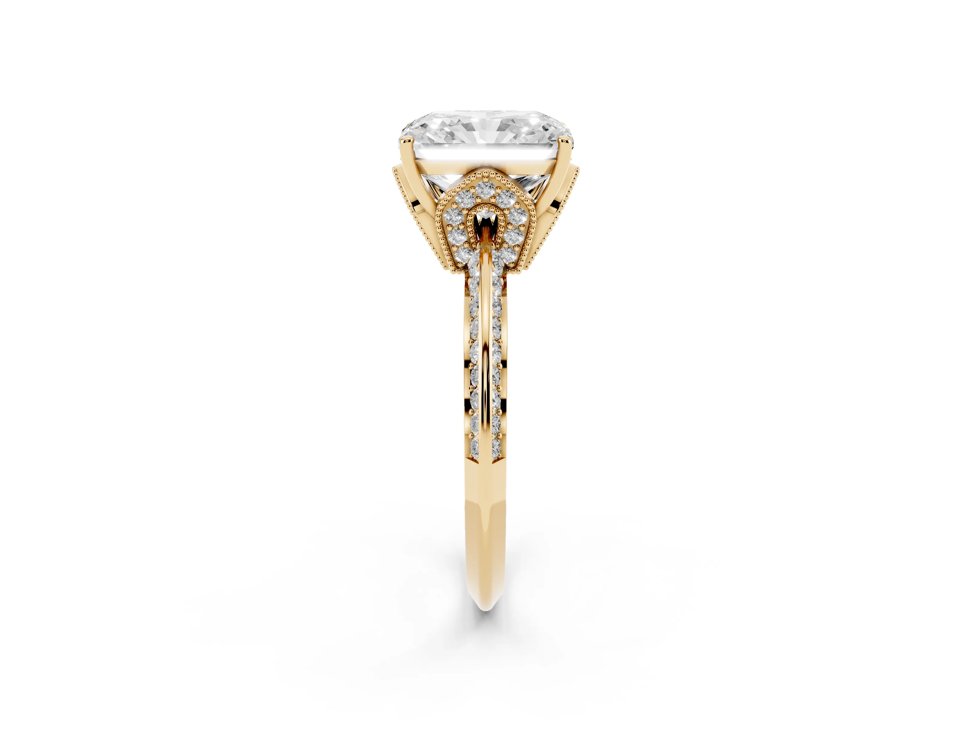 Radiant Cut Diamond Solitaire Engagement Ring Set in Yellow gold with Pavé Split Shank and Prong Setting