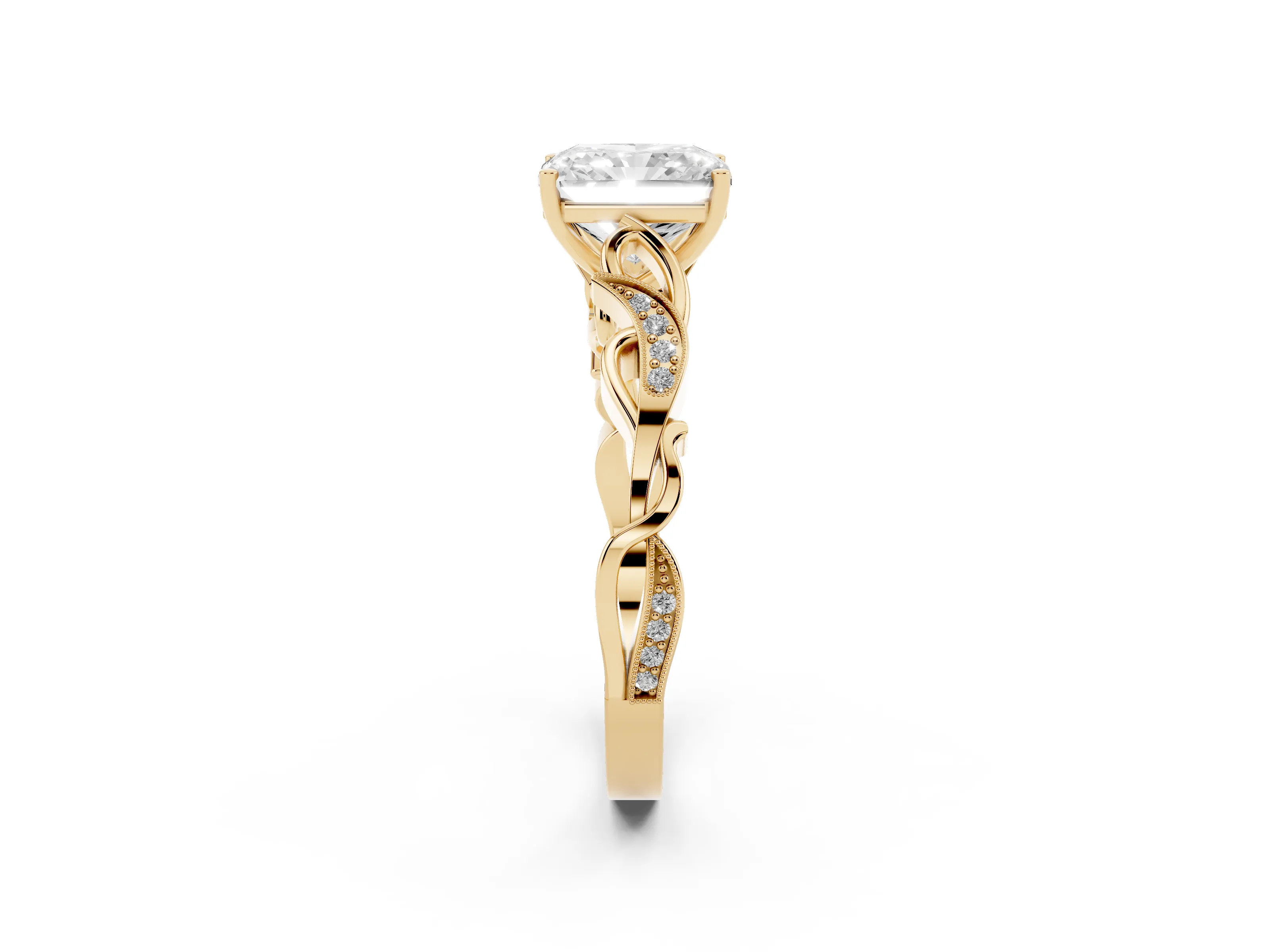 Radiant Cut Diamond Vine Band Solitaire Ring Set in Yellow gold with Milgrain Prong Setting