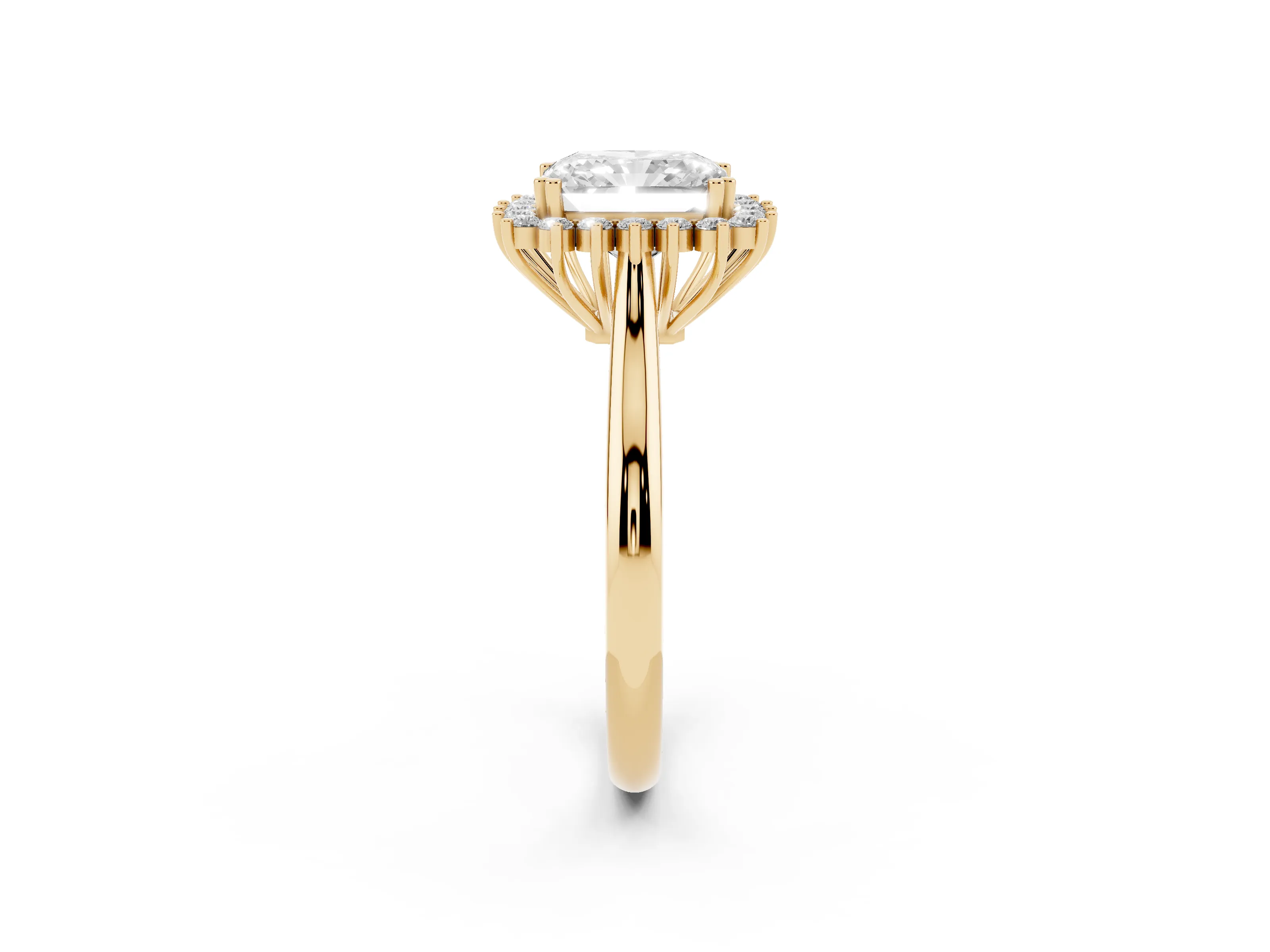 Radiant Cut Diamond Halo Ring Set in Yellow gold with Plain Solitaire Band and Prong Setting