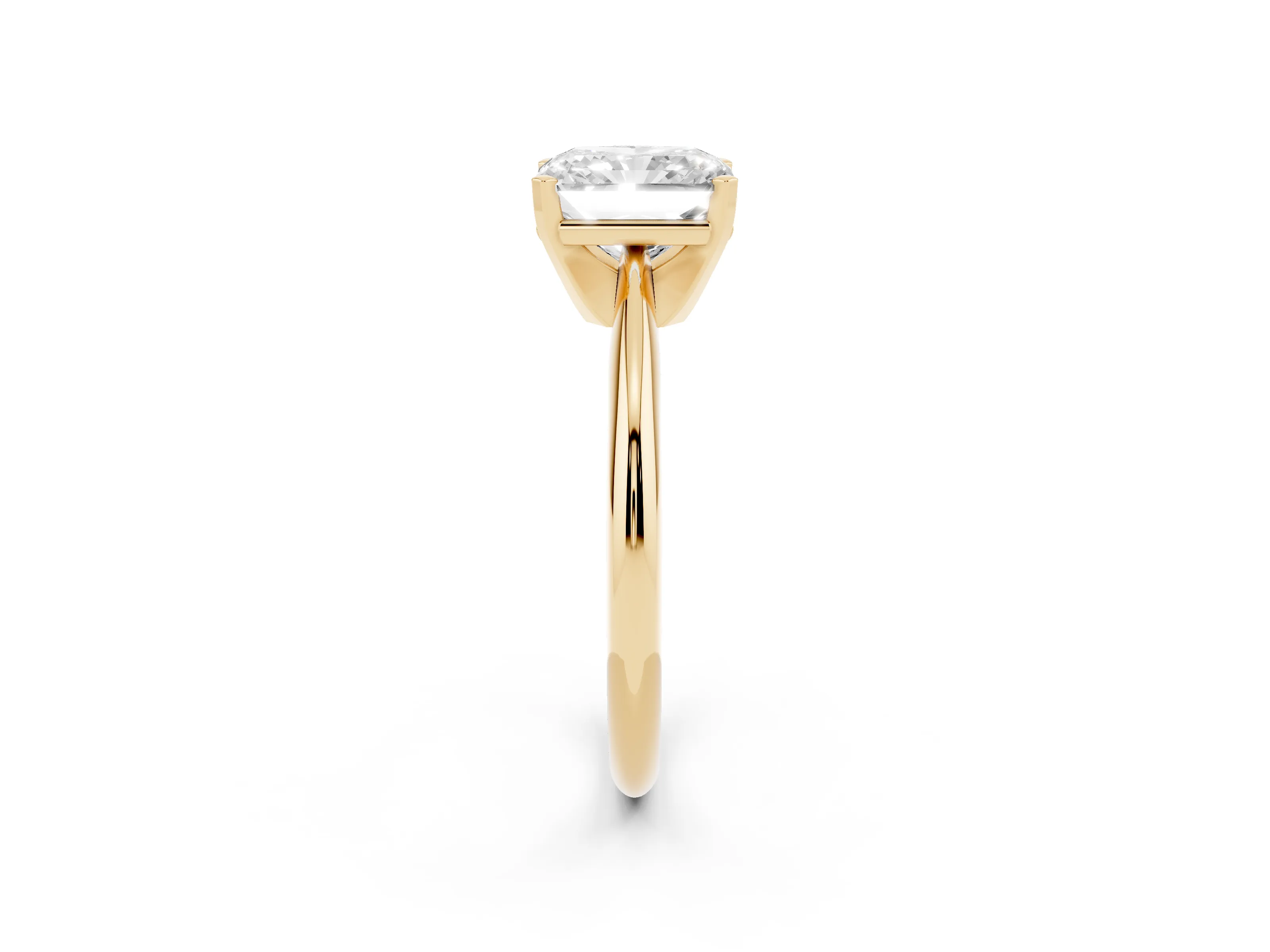 Radiant Cut Diamond Solitaire Ring Set in Yellow gold with Prong Setting on a Plain Round Band