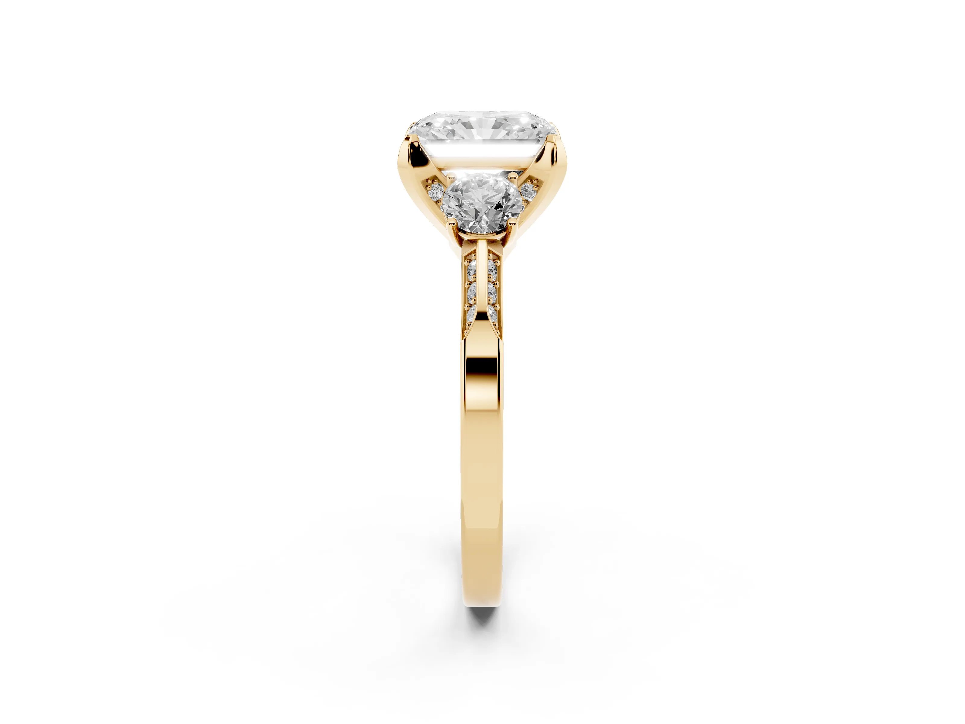 Radiant Cut Diamond Three-Stone Ring Set in Yellow gold with Pavé Band and Smaller Side Stones