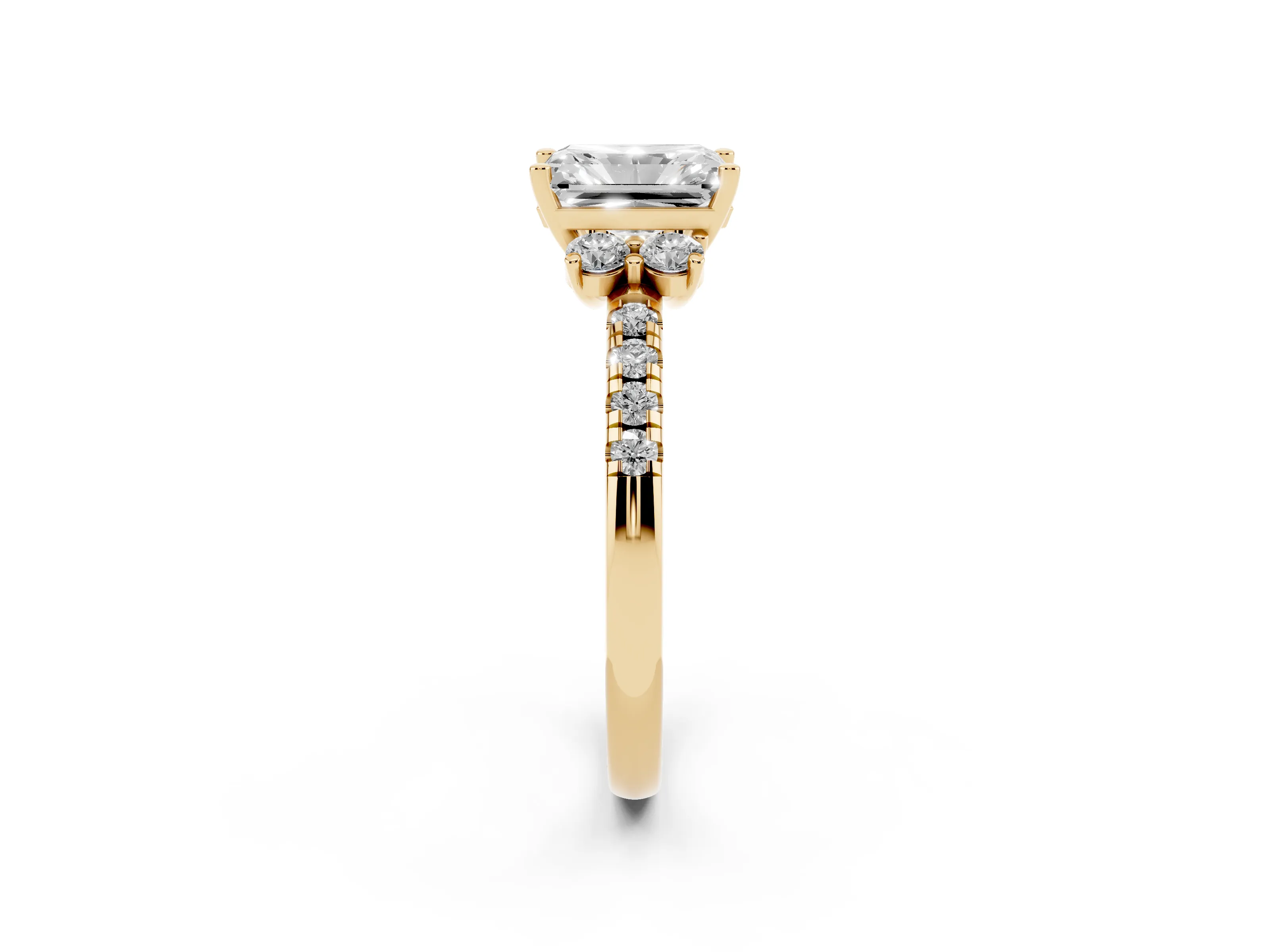 Radiant Cut Diamond Three-Stone Pavé Ring Set in Yellow gold with Prong Setting