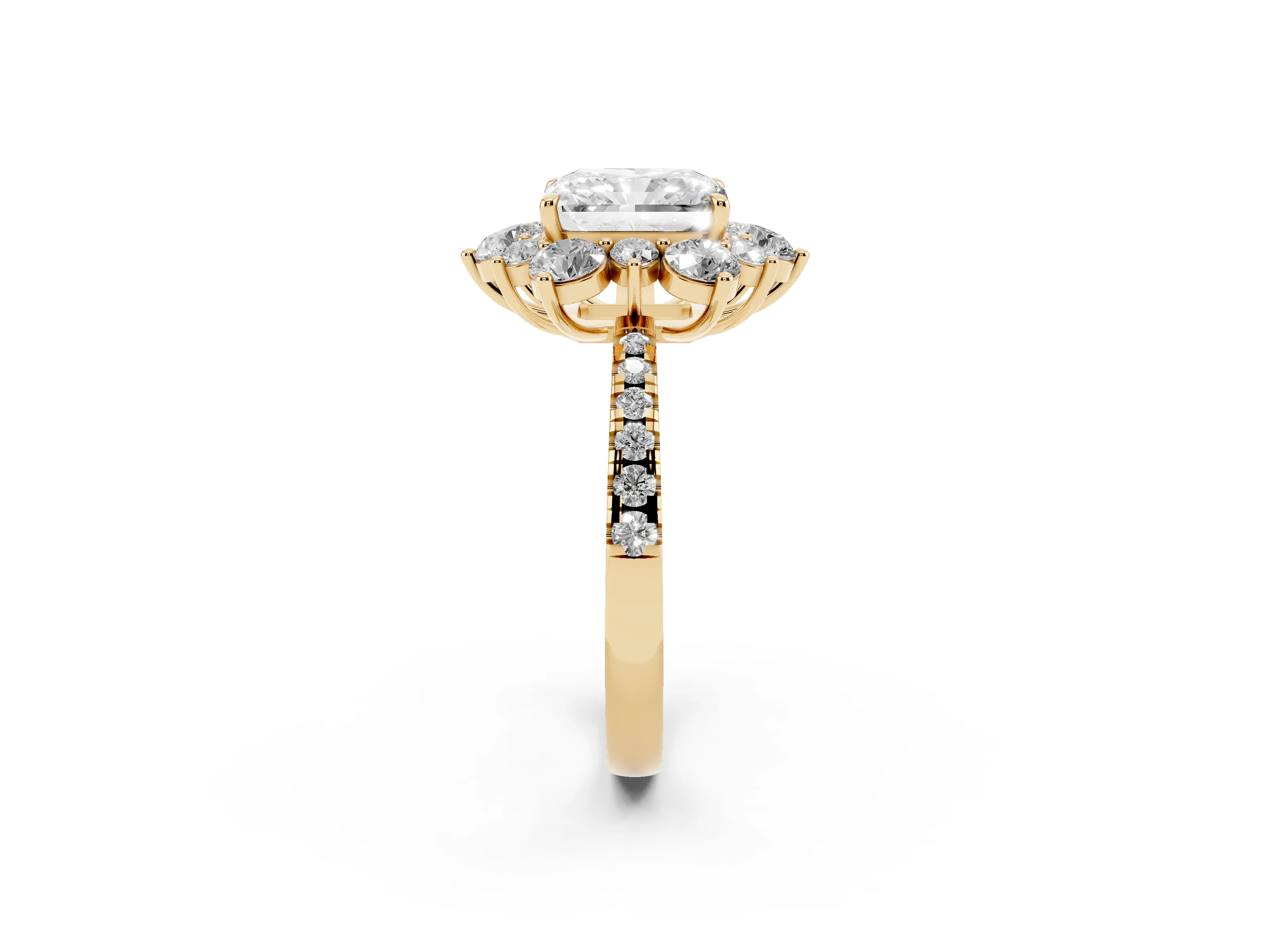 Radiant Cut Diamond Floral Halo Ring Set in Yellow gold with Round Pavé Band and Prong Setting