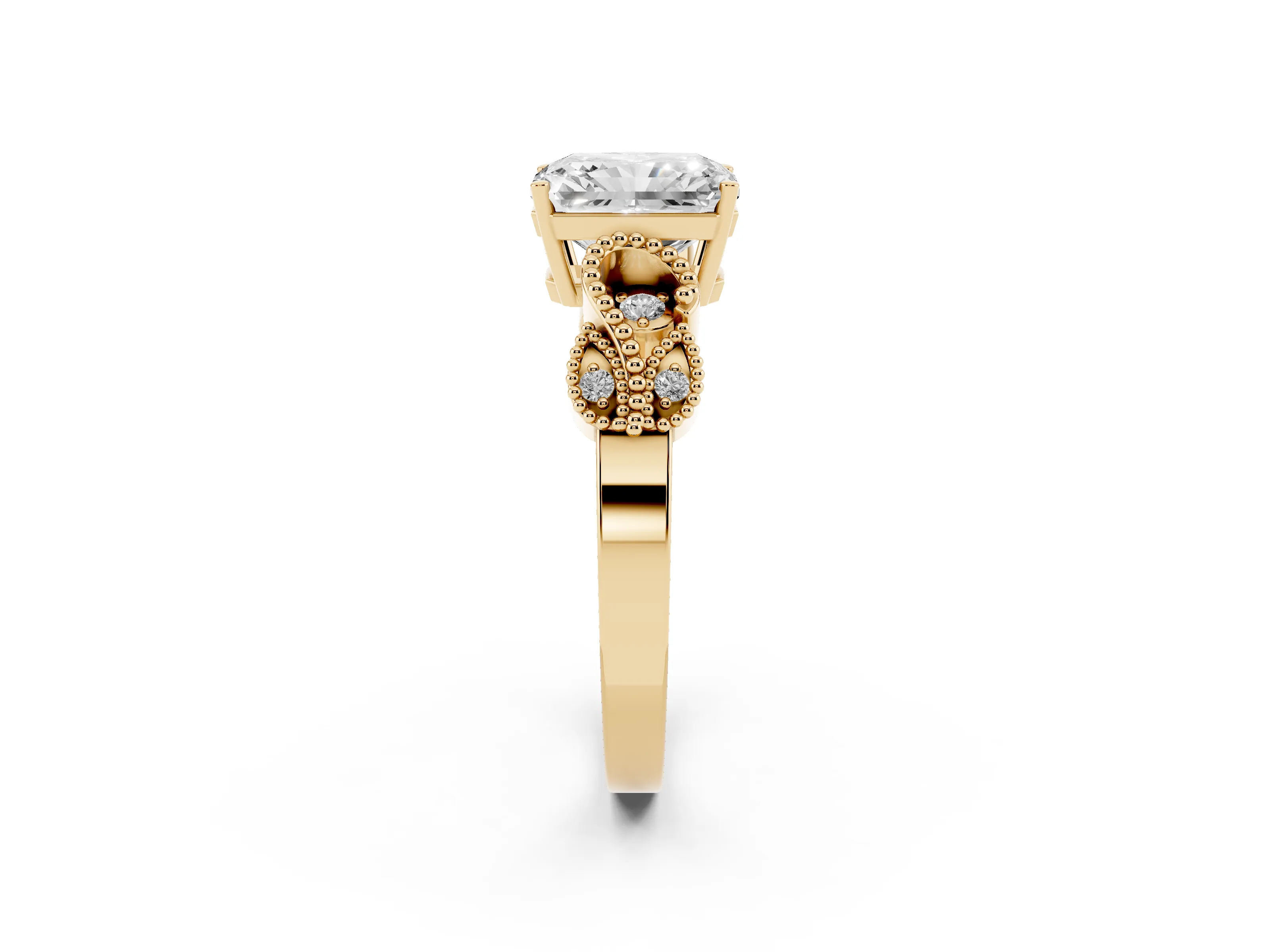 Radiant Cut Diamond Milgrain Leaf Band Solitaire Ring Set in Yellow gold with Accent Stones and Prong Setting