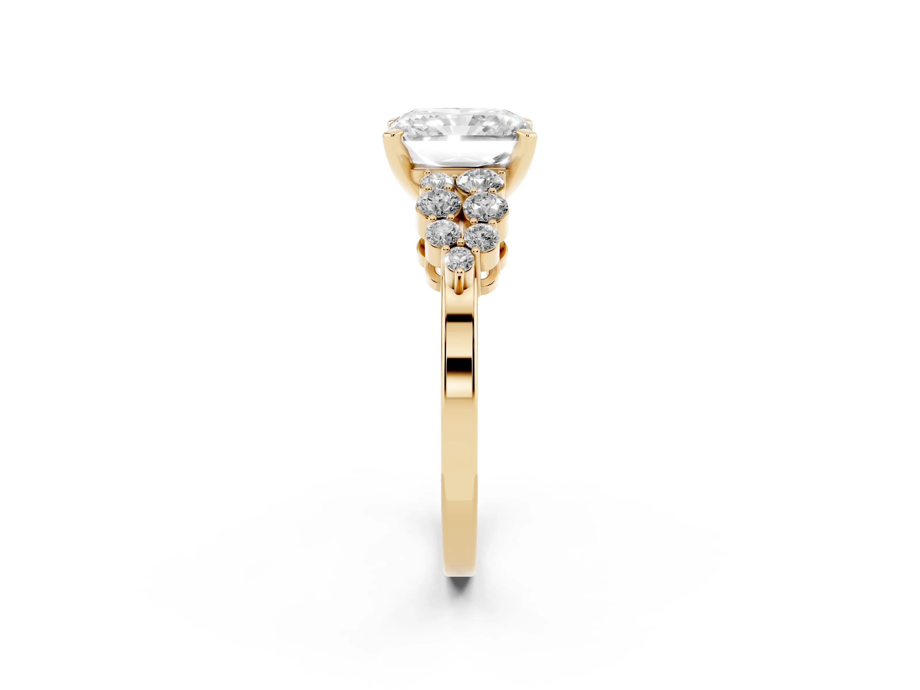 Radiant Cut Diamond Cluster Engagement Ring Set in Yellow gold with Pavé Band and Prong Setting