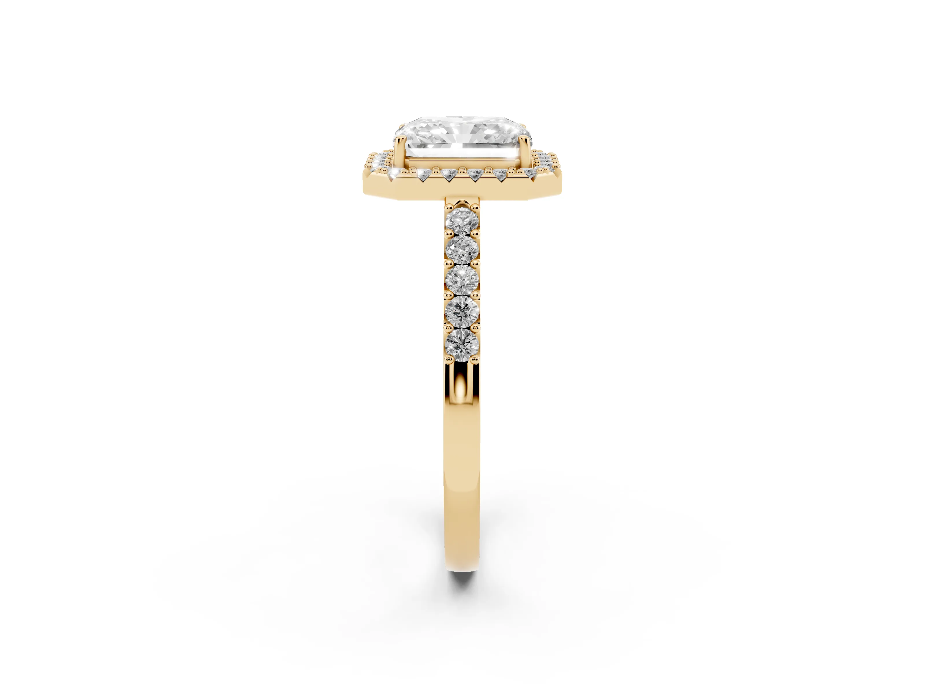 Radiant Cut Diamond Halo Pavé Solitaire Ring Set in Yellow gold with Prong-Set Center Stone