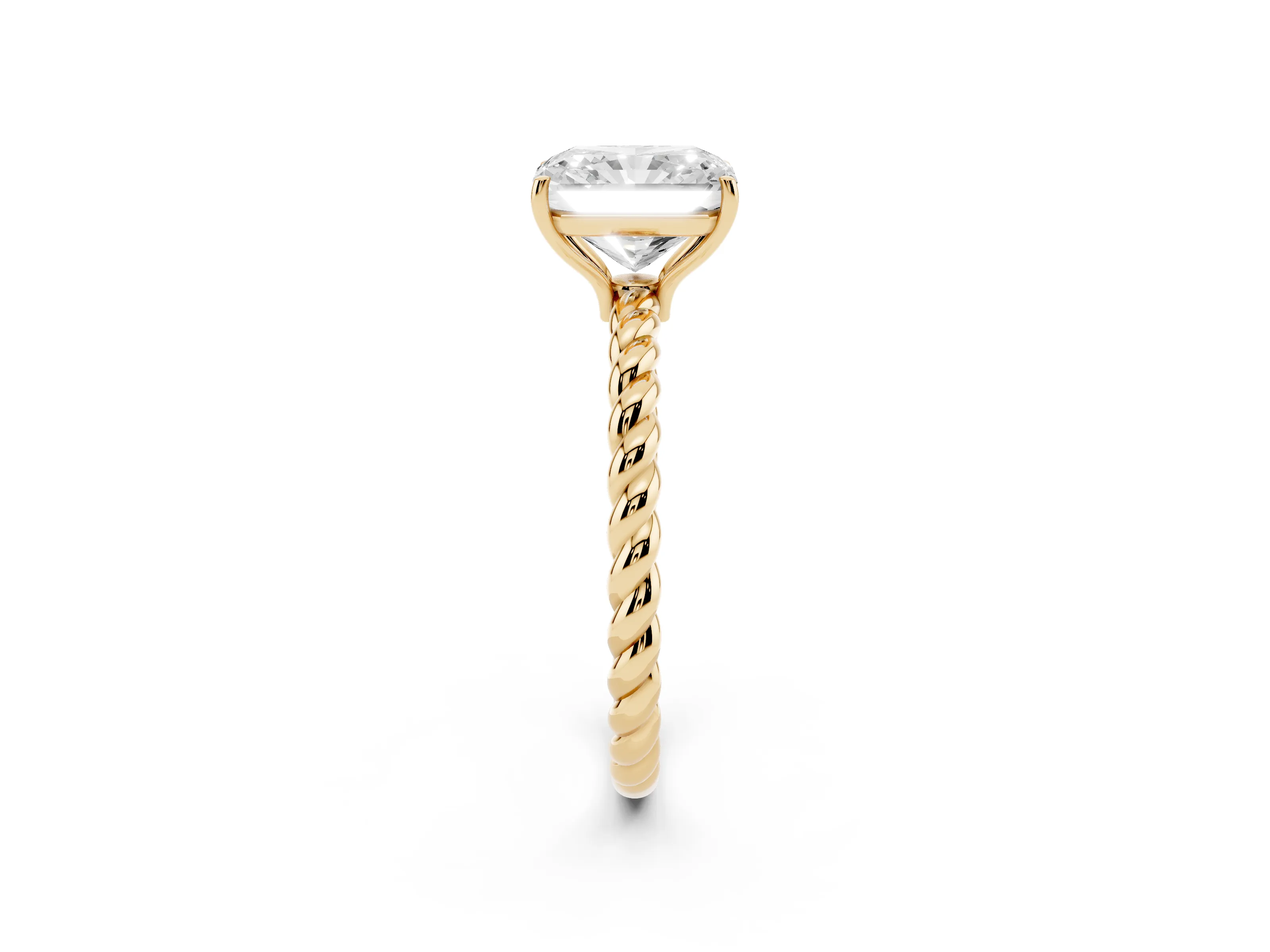 Radiant Cut Diamond Solitaire Ring Set in Yellow gold with Twist Band and Prong Setting