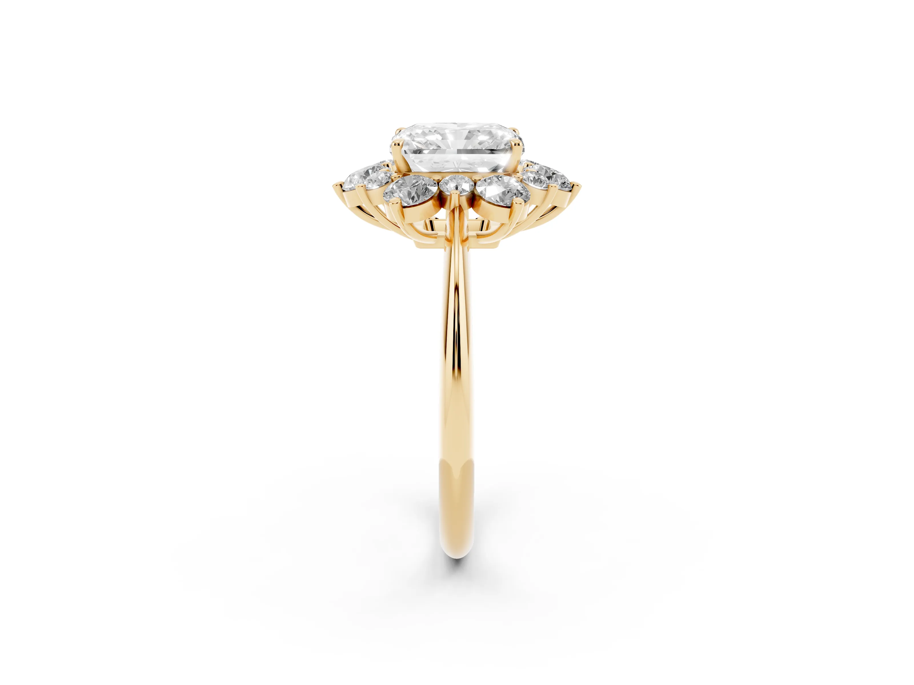 Radiant Cut Diamond Cluster Halo Ring Set in Yellow gold with Solitaire Band and Prong Setting