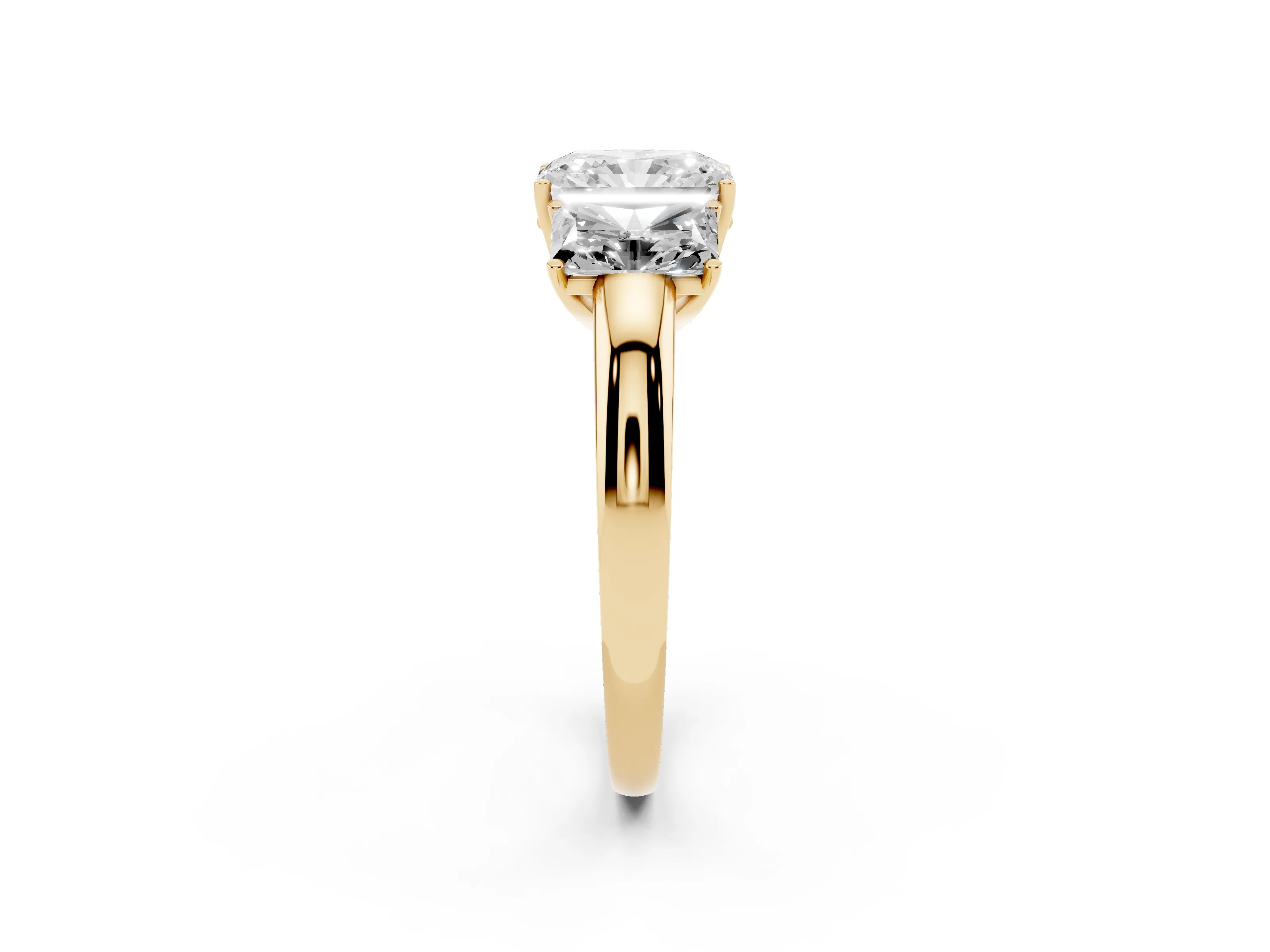 Radiant Cut Diamond Three-Stone Ring Set in Yellow gold with Bold Center and Classic Band