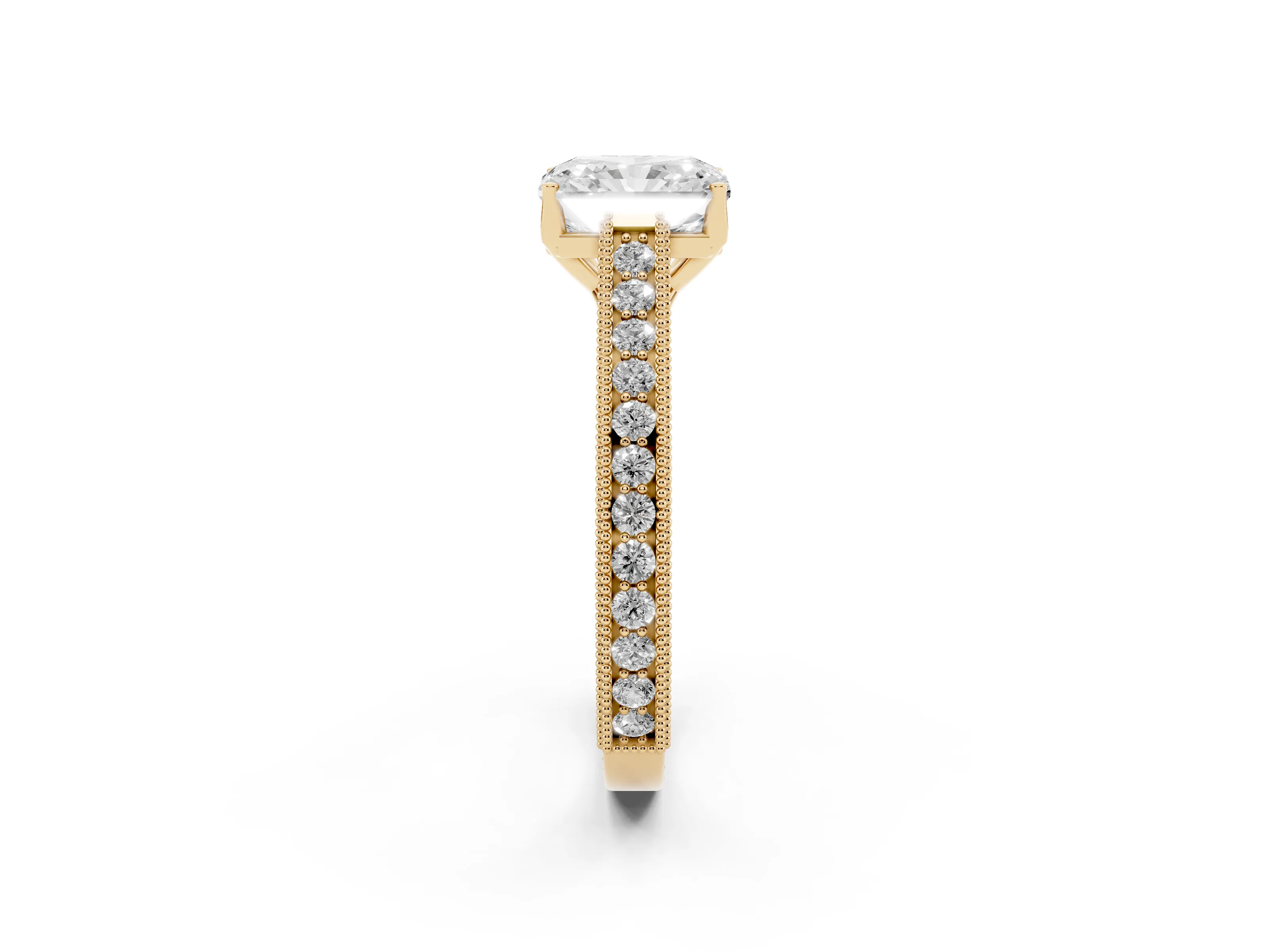 Radiant Cut Diamond Milgrain Pavé Band Solitaire Ring Set in Yellow gold with Prong Setting