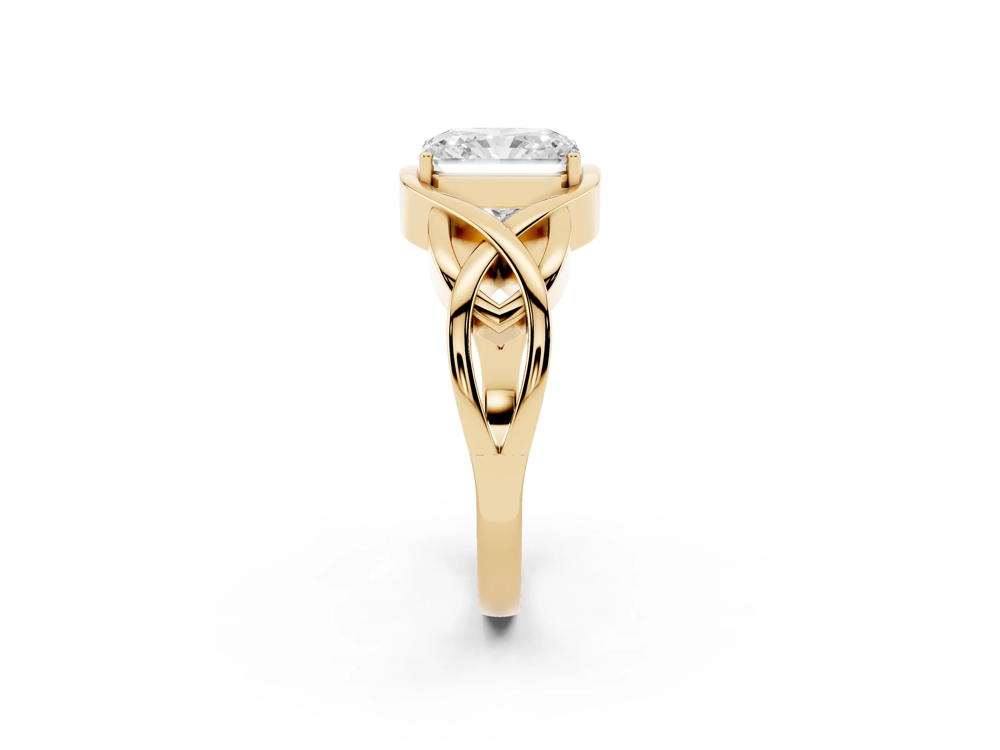 Radiant Cut Diamond Solitaire Ring Set in Yellow gold with Intertwined Band