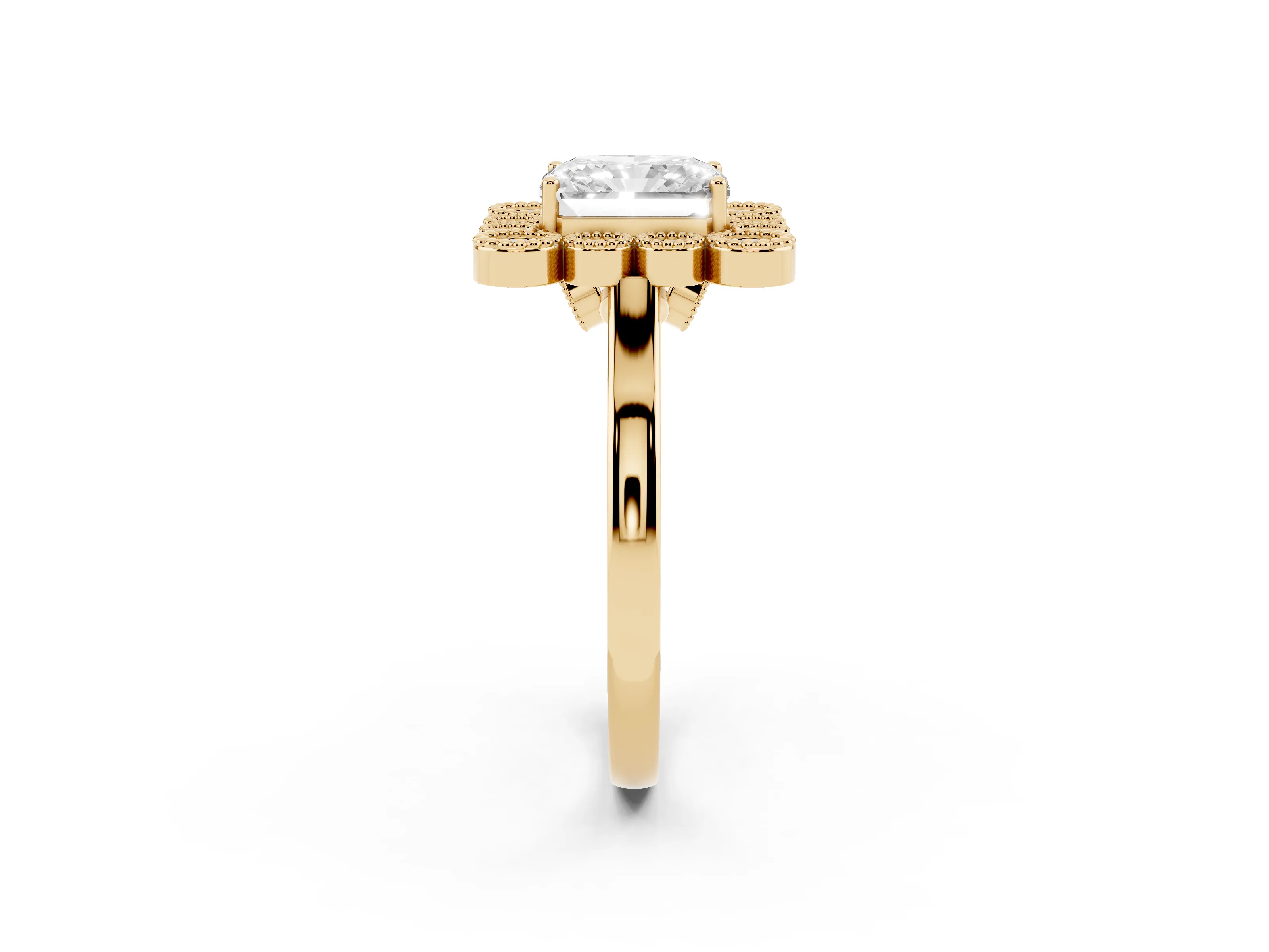 Radiant Cut Diamond Cluster Halo Ring Set in Yellow gold with Milgrain Bezel Accents and Plain Band