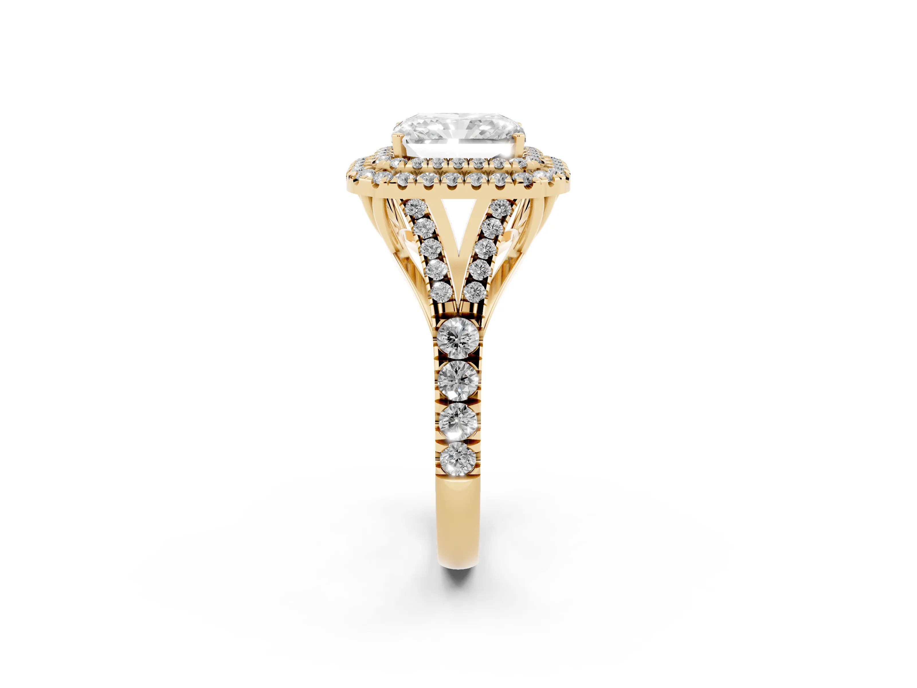 Radiant Cut Diamond Pavé Split Shank Double Halo Engagement Ring Set in Yellow gold