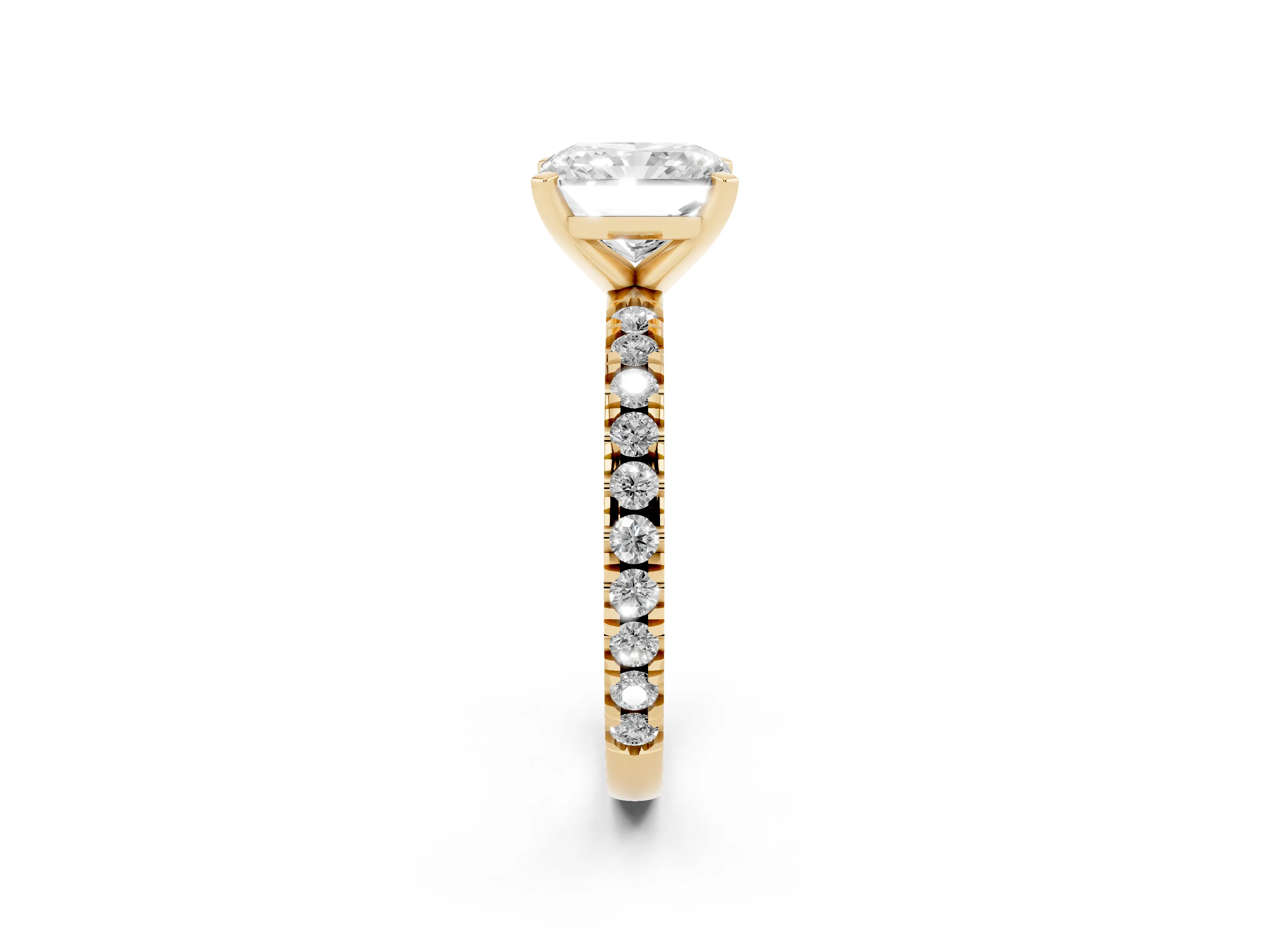 Radiant Cut Diamond Pavé Band Solitaire Set in Yellow gold with Prong Setting