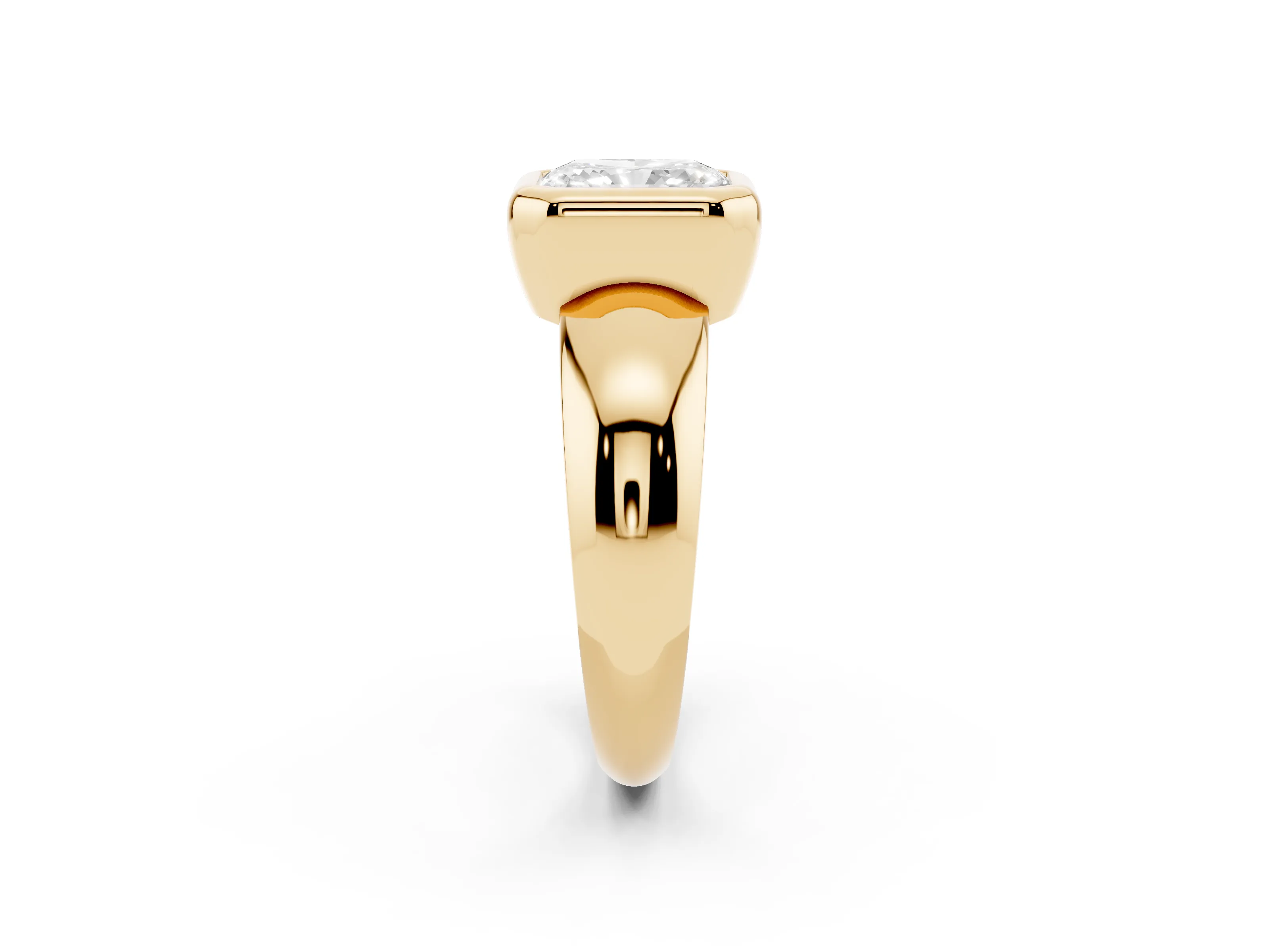 Bezel Set Radiant Cut Diamond Solitaire Ring Set in Yellow gold with Wide Band