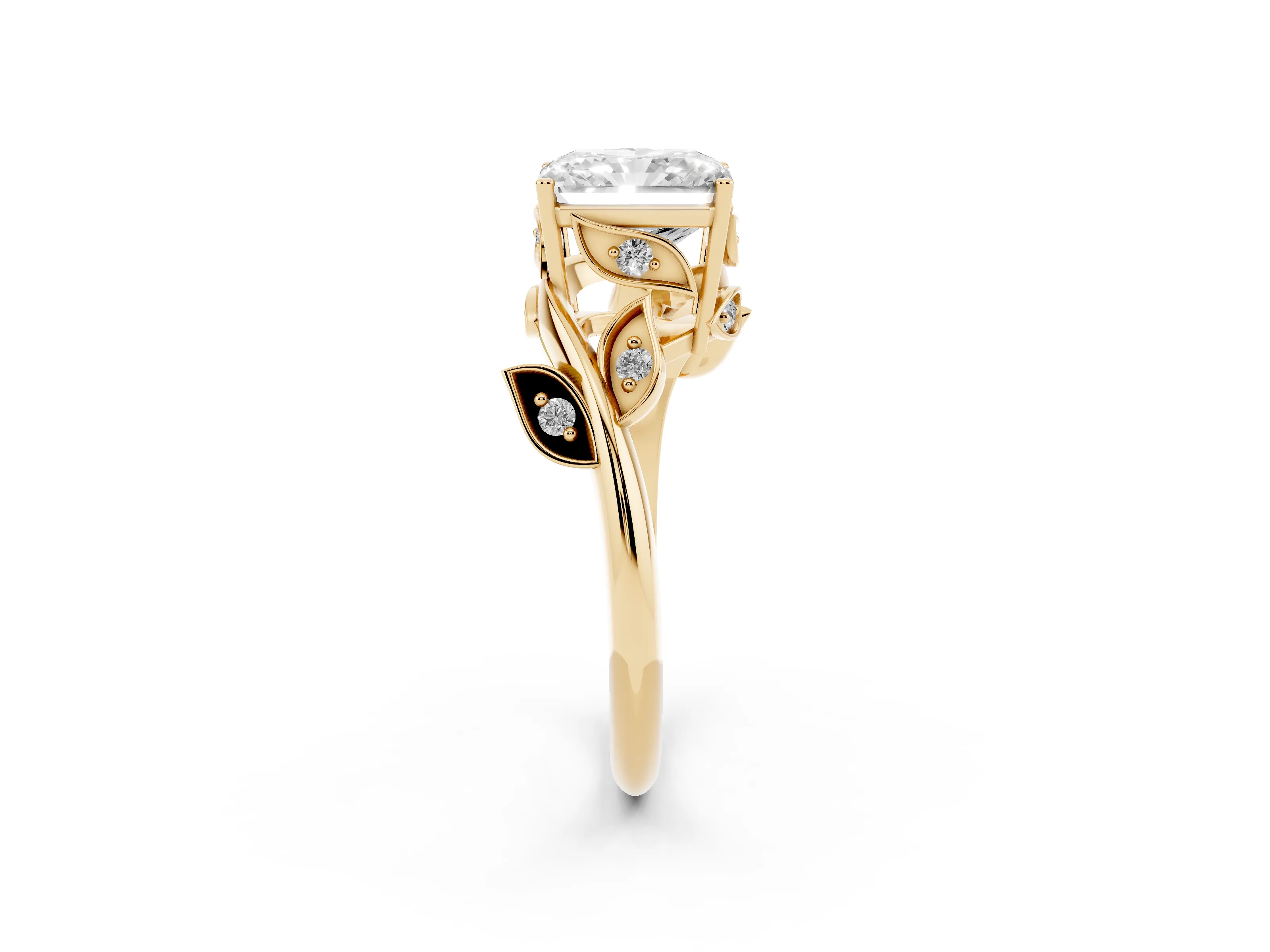 Radiant Cut Diamond Solitaire Twist Engagement Ring Set in Yellow gold with Pavé Leaf Accents
