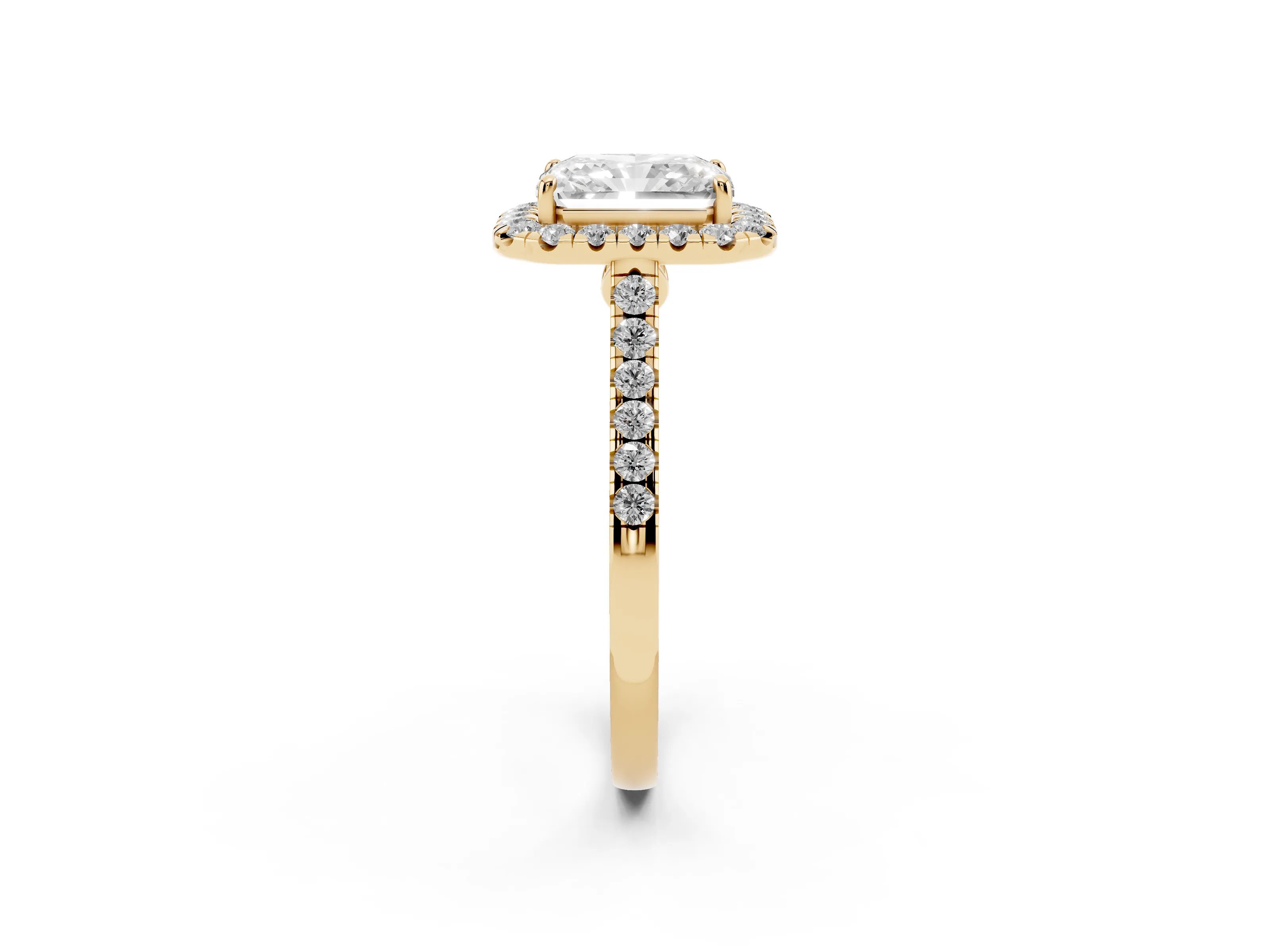 Radiant Cut Diamond Halo Pavé Engagement Ring Set in Yellow gold with Prong Setting