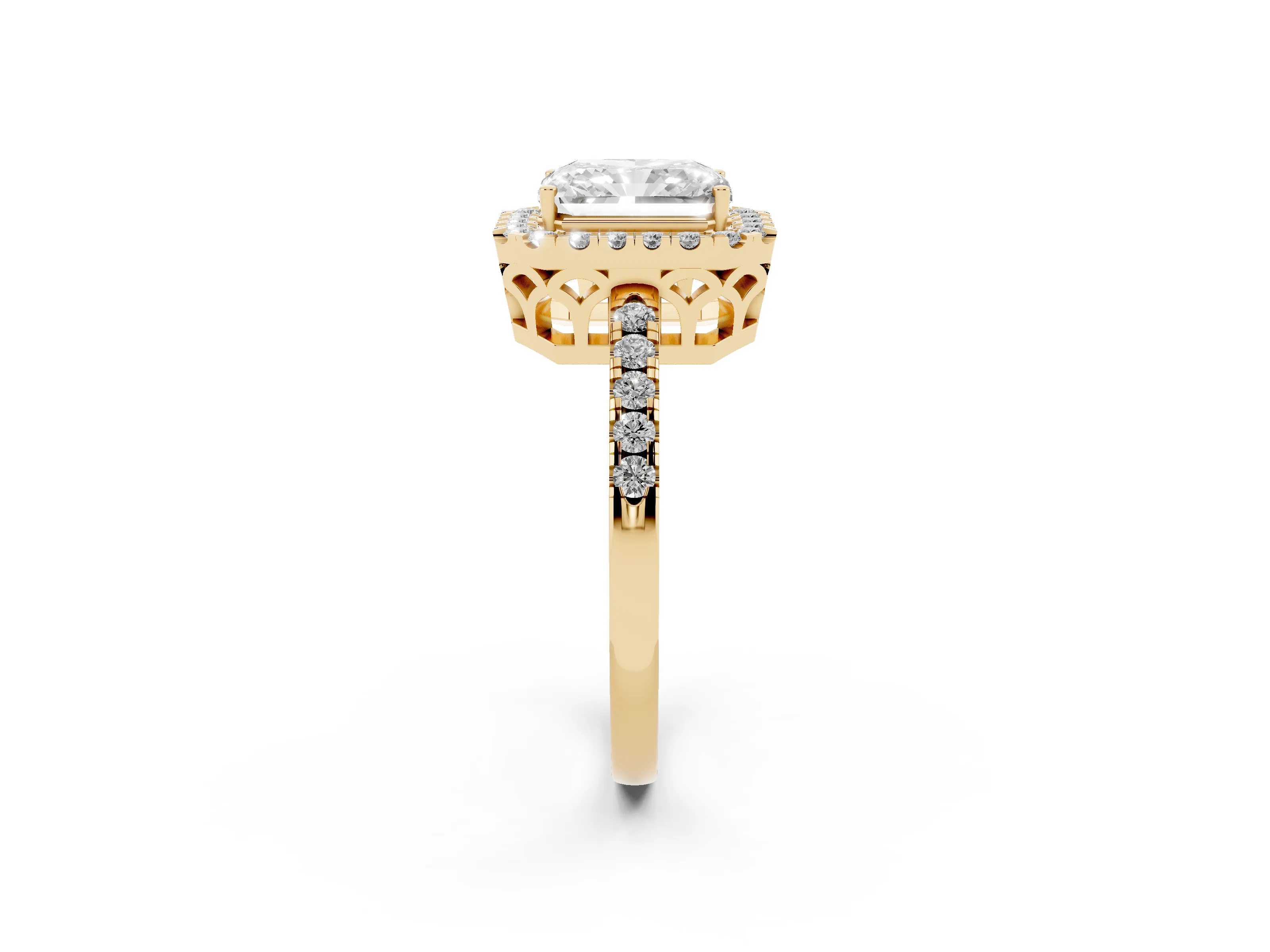 Radiant Cut Diamond Pavé Band Halo Engagement Ring Set in Yellow gold with Prong Setting