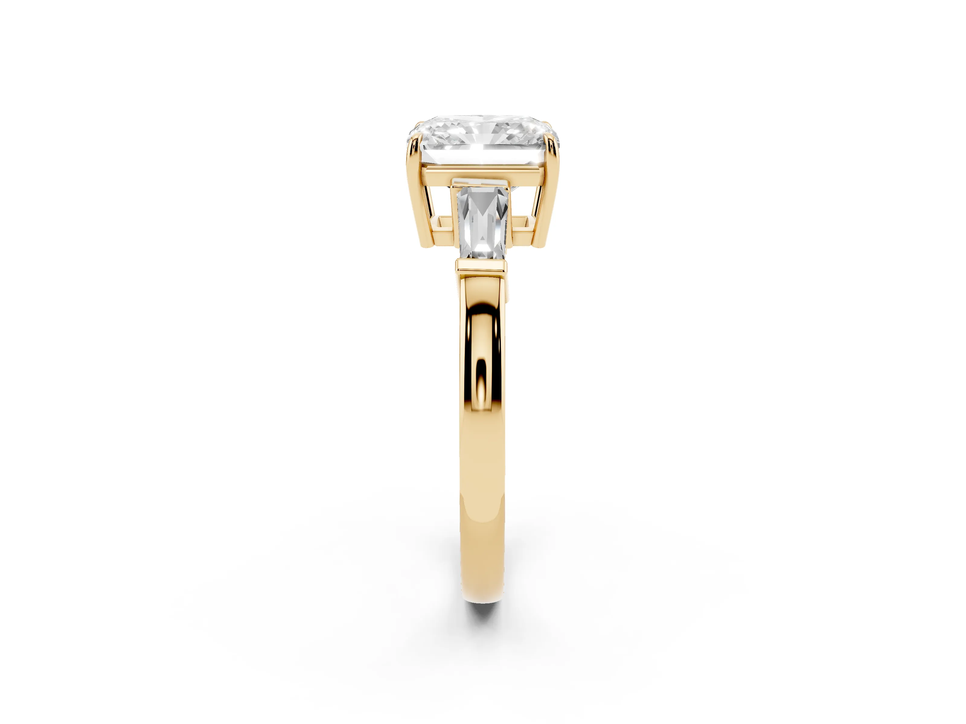 Radiant Cut Diamond Three-Stone Ring Set in Yellow gold with Tapered Baguette Side Stones and Prong Setting