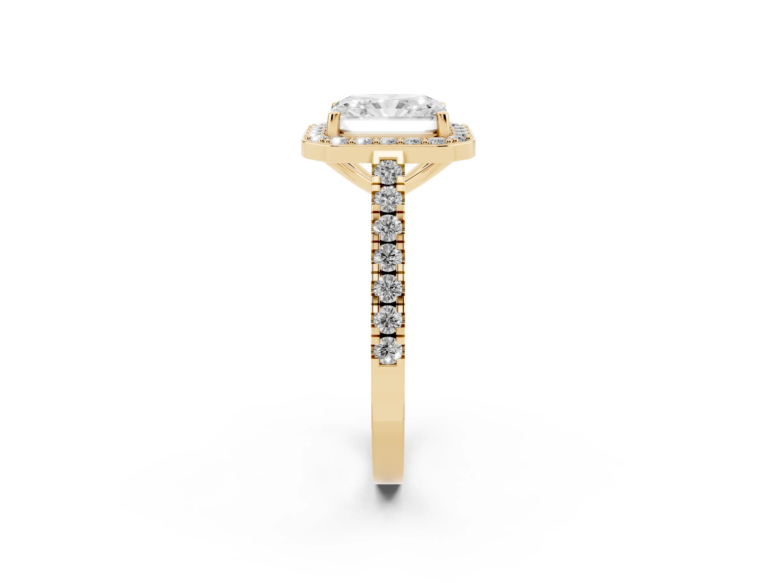 Radiant Cut Diamond Halo Ring Set in Yellow gold with Round Pavé Split Shank and Prong Setting