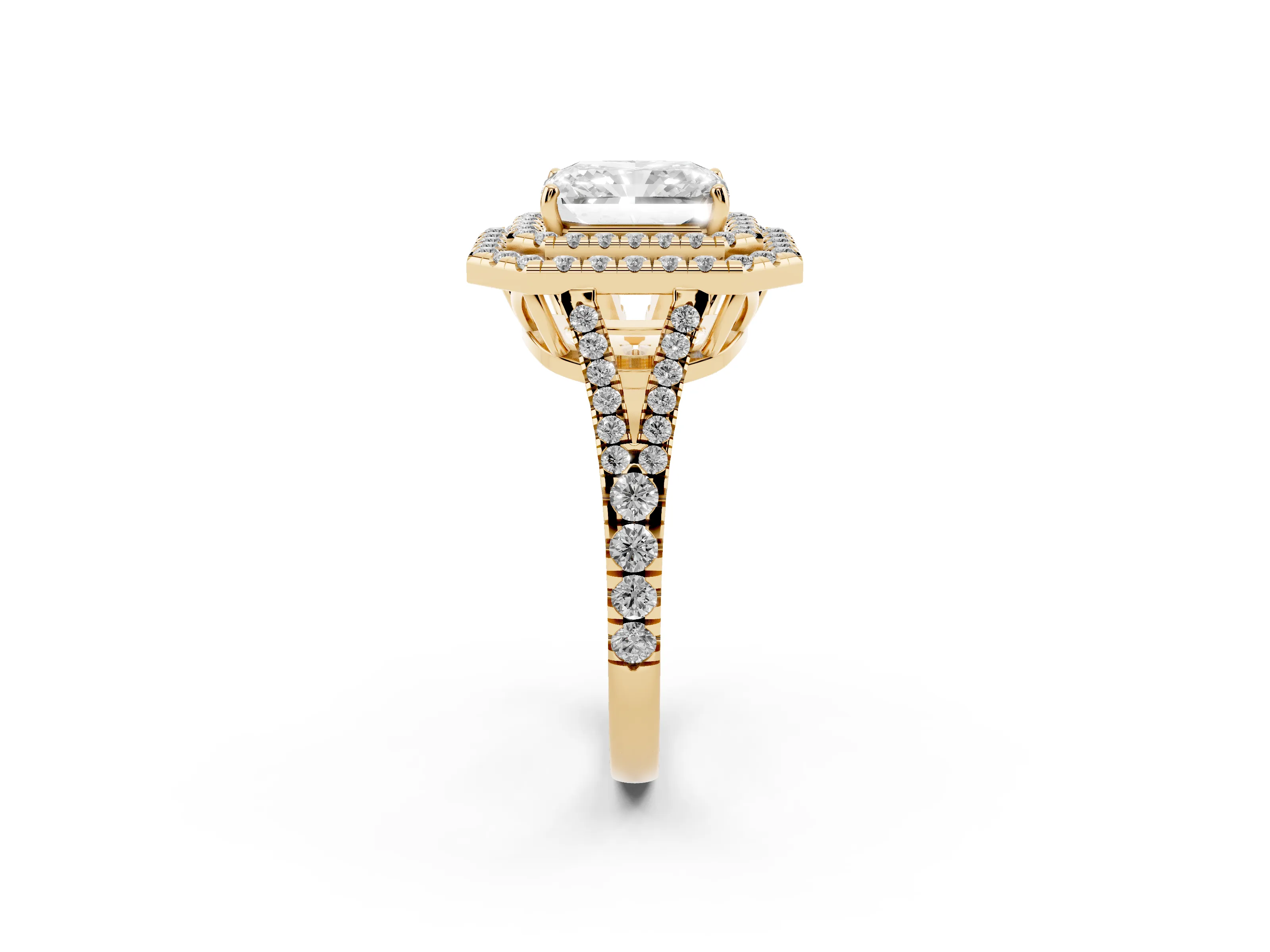 Radiant Cut Diamond Double Halo Ring Set in Yellow gold with Pavé Band