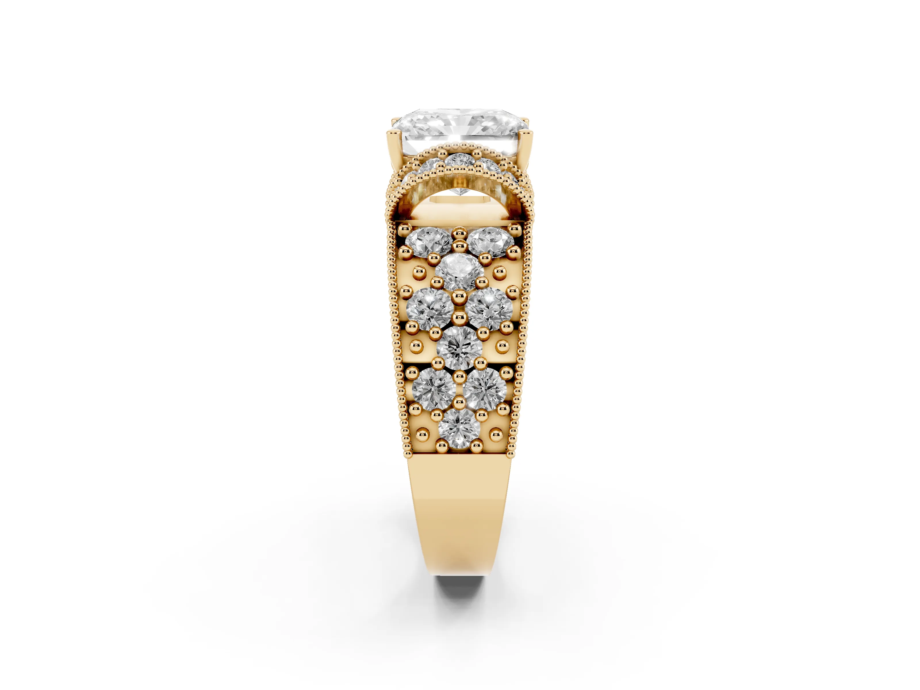 Radiant Cut Diamond Milgrain Halo Pavé Engagement Ring Set in Yellow gold with Prong Setting