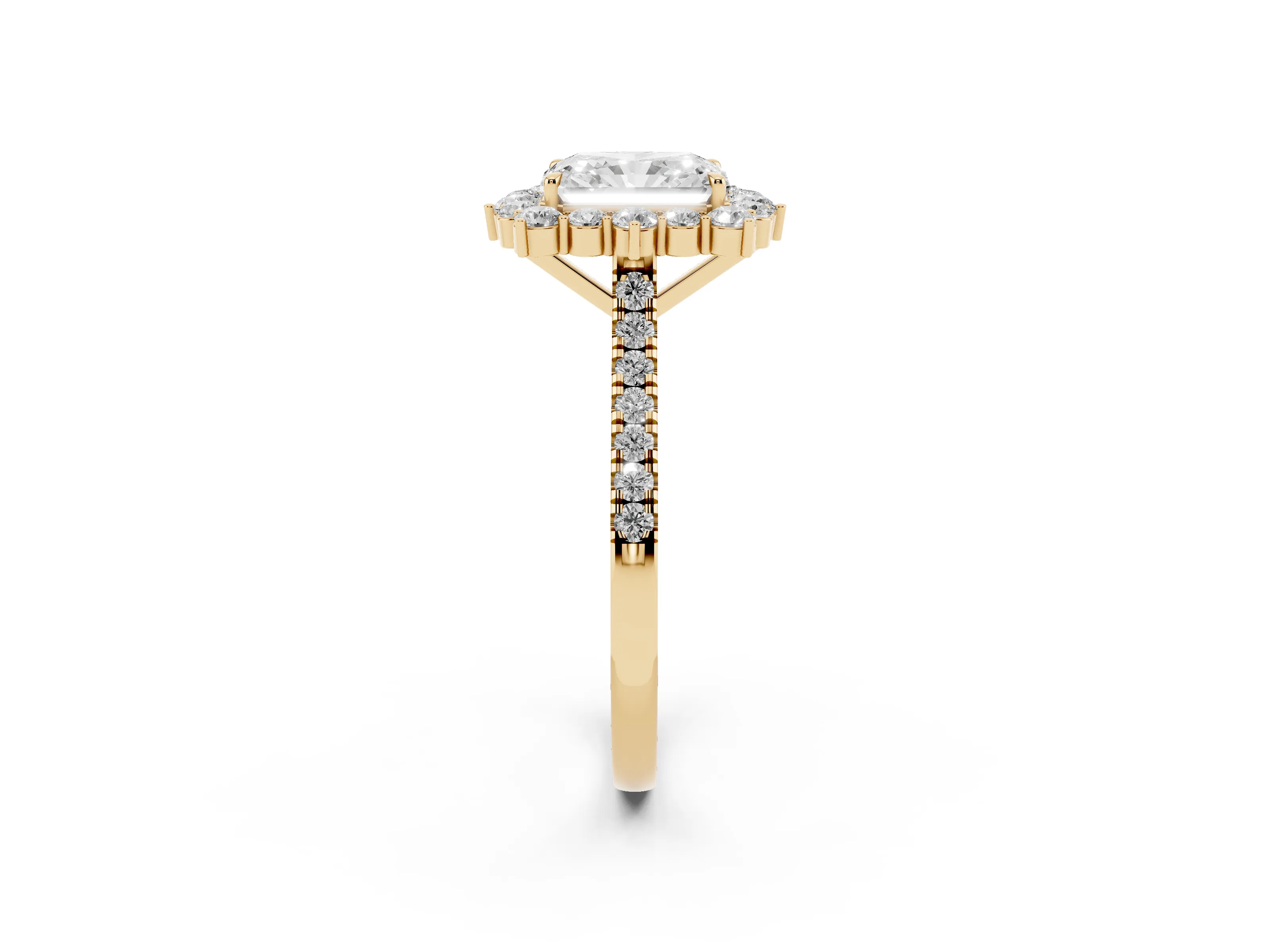 Radiant Cut Diamond Halo Ring Set in Yellow gold with Pavé Band and Prong Setting