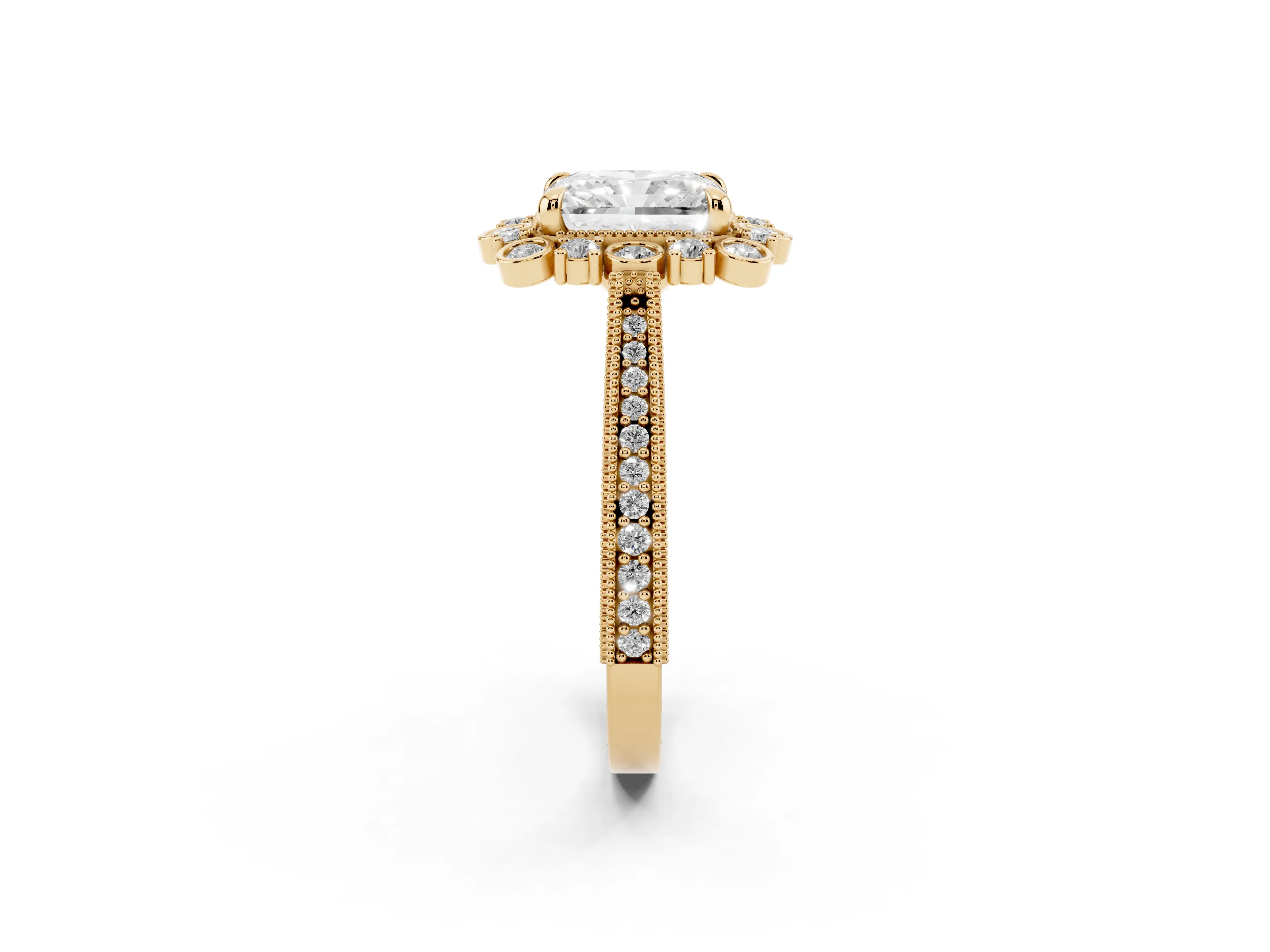 Radiant Cut Diamond Halo Milgrain Pavé Ring Set in Yellow gold with Prong Setting