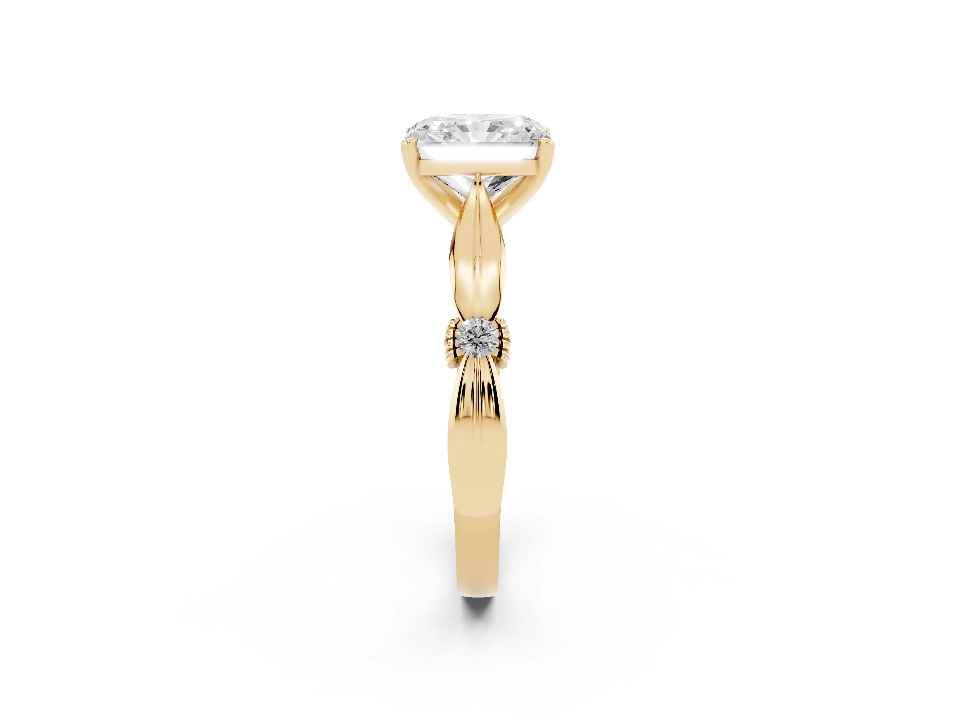 Radiant Cut Diamond Solitaire Twisted Band Ring Set in Yellow gold with Accent Stones and Prong Setting