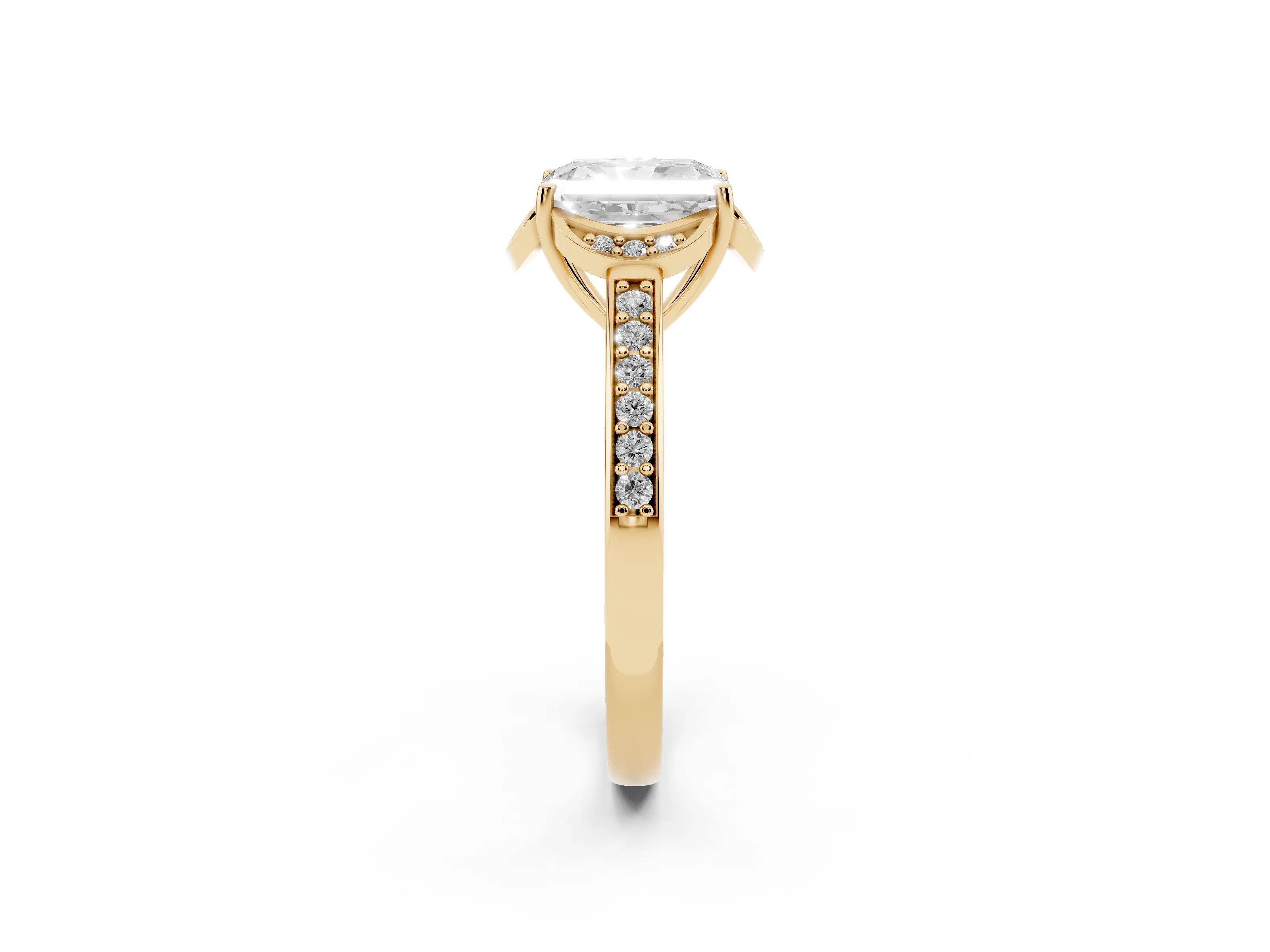 Radiant Cut Diamond Halo Ring Set in Yellow gold with Channel Set Band and Prong Setting
