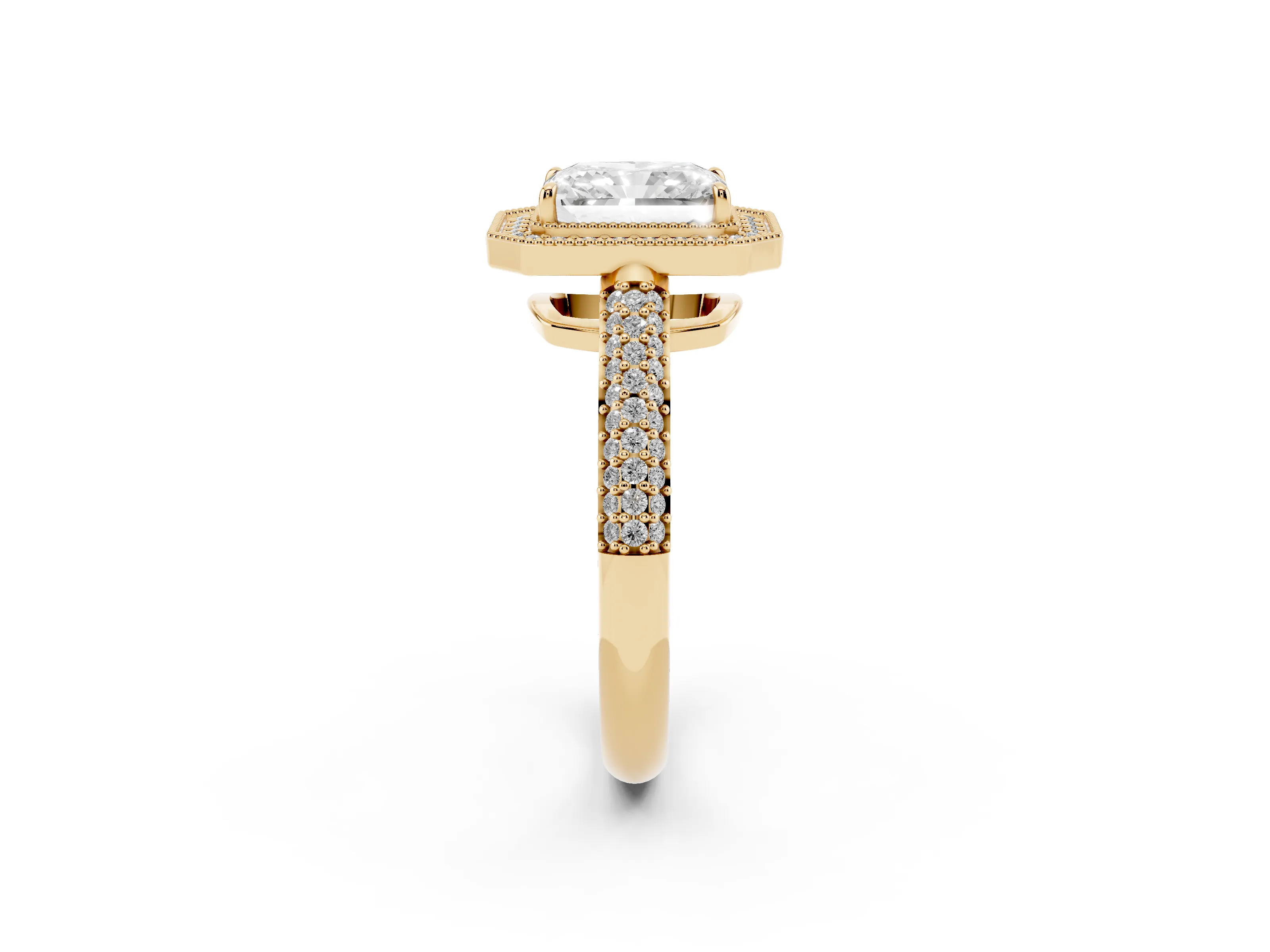 Radiant Cut Diamond Halo Pavé Band Set in Yellow gold with Prong Setting