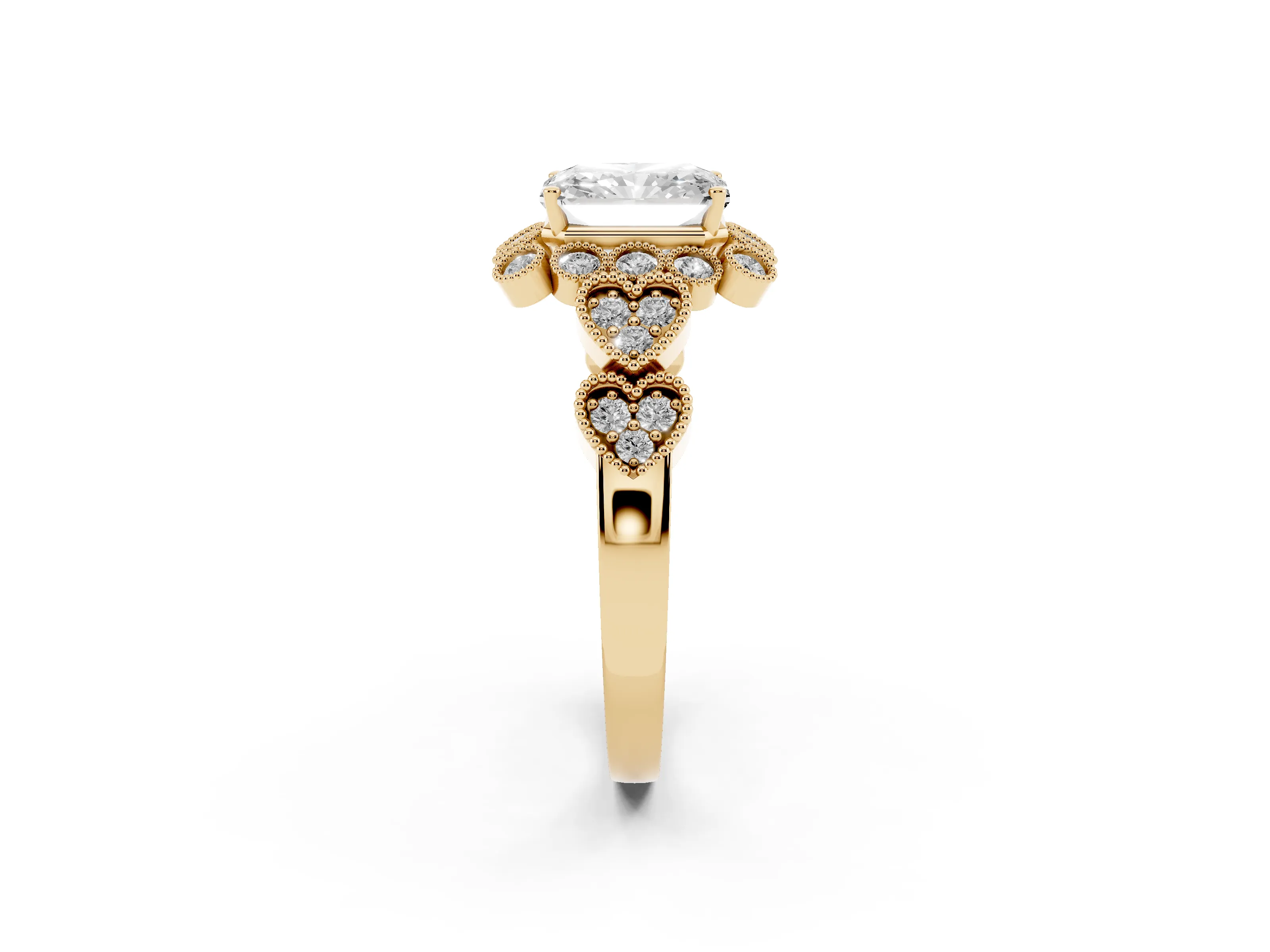 Radiant Cut Diamond Solitaire Ring Set in Yellow gold with Milgrain Pavé Heart Band