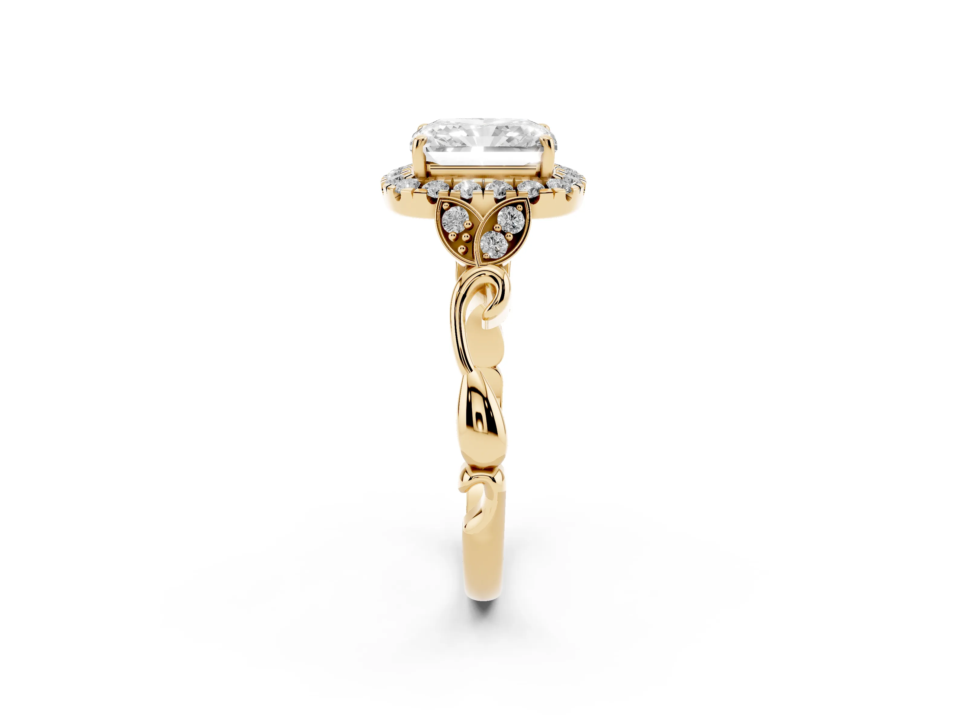 Radiant Cut Diamond Halo Engagement Ring Set in Yellow gold with Vintage-Inspired Band and Prong Setting