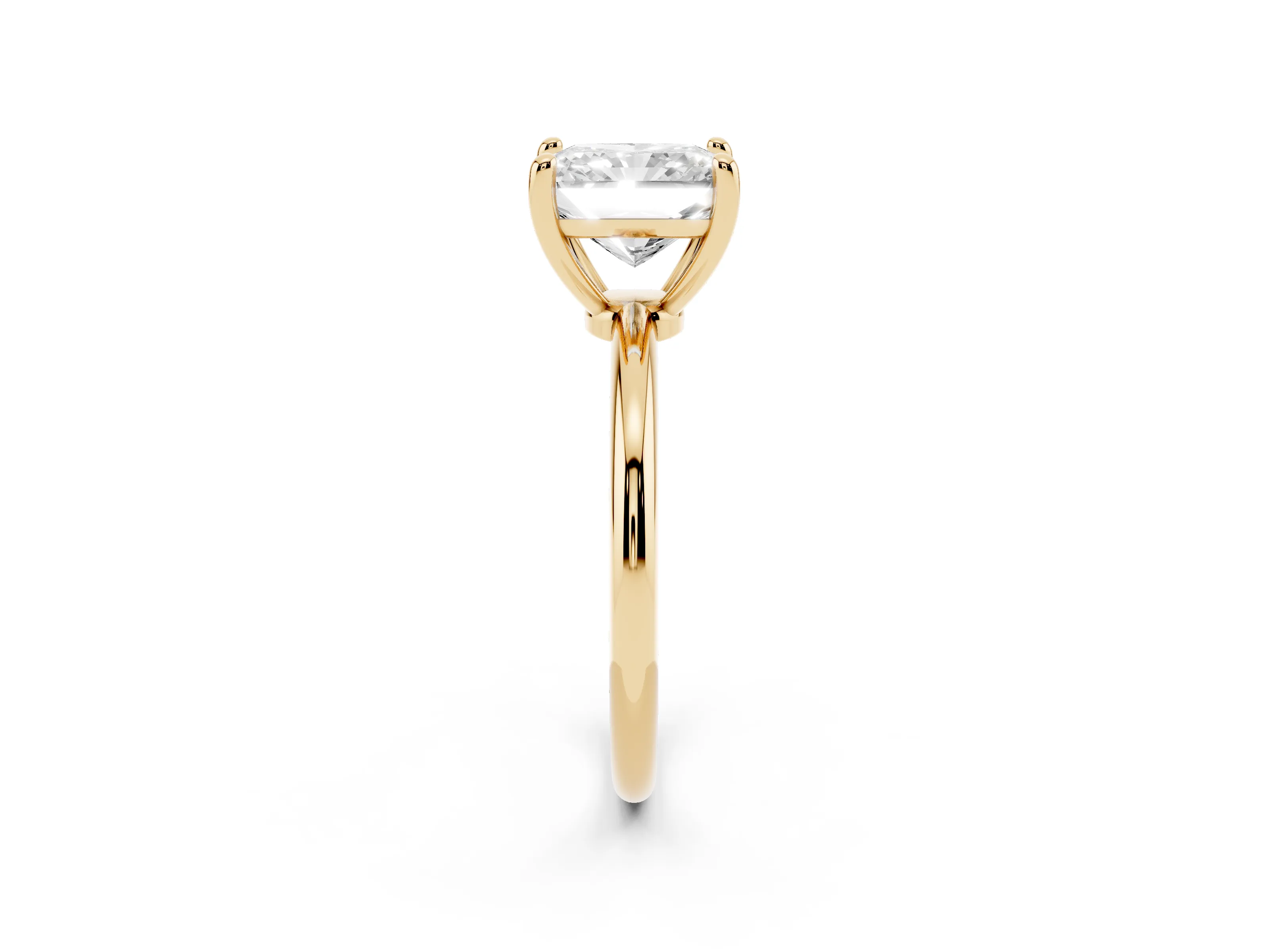 Radiant Cut Diamond Solitaire Ring Set in Yellow gold with Secure Prong Setting on a Classic Band