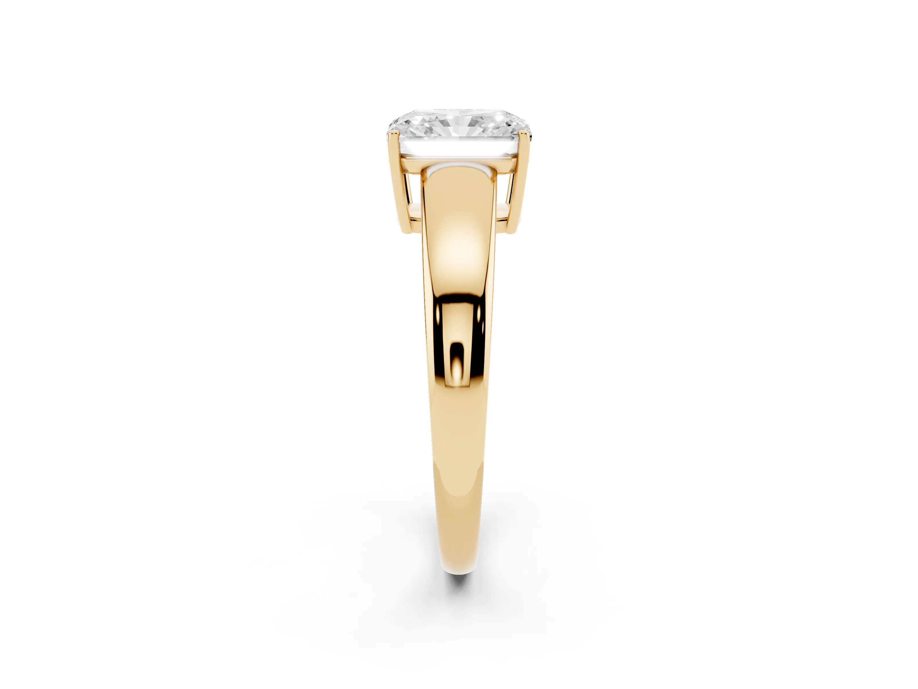Radiant Cut Diamond Solitaire Ring Set in Yellow gold with Tapered Band and Prong Setting