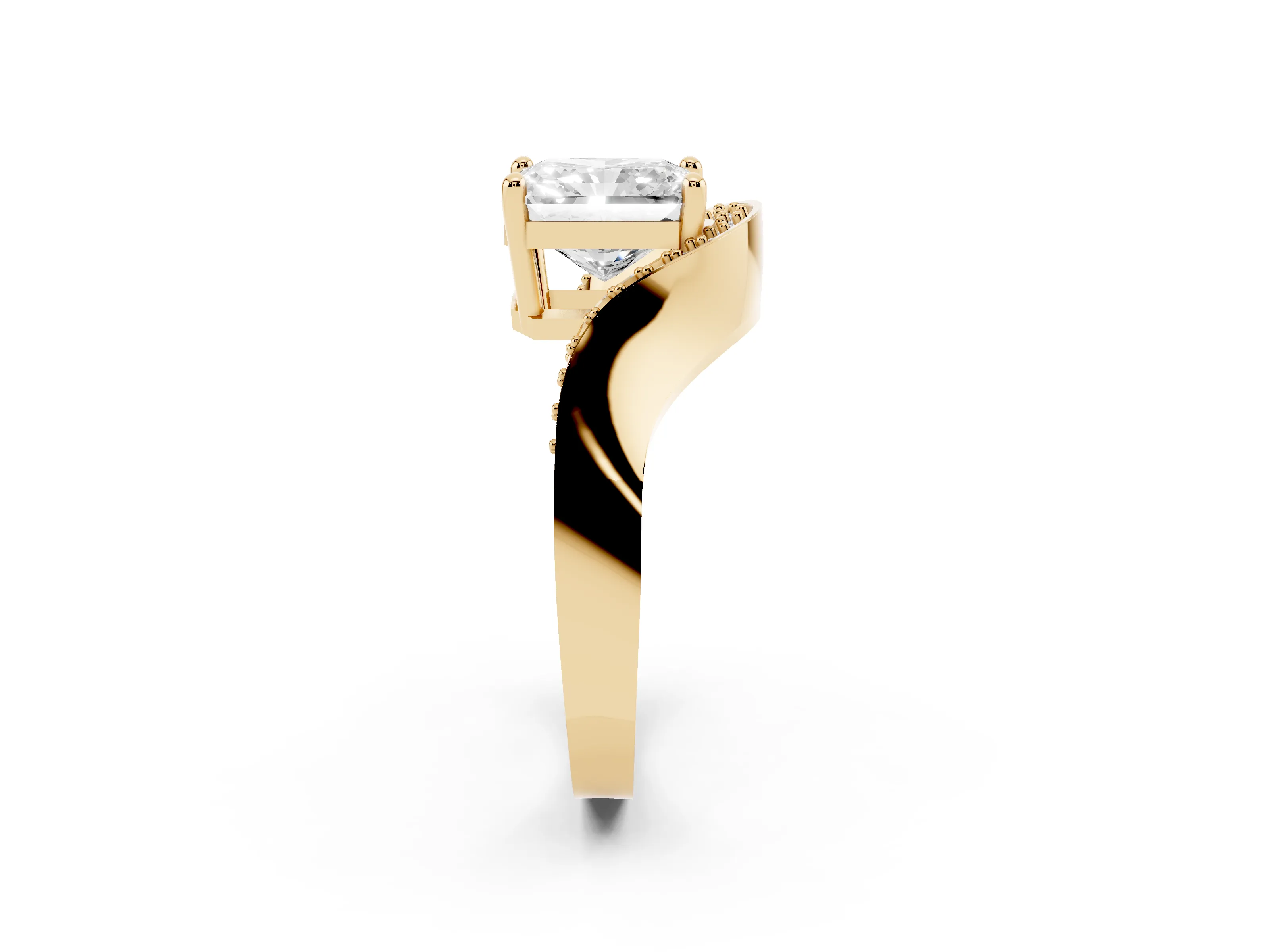 Radiant Cut Diamond Solitaire Engagement Ring Set in Yellow gold with Pavé Shoulders