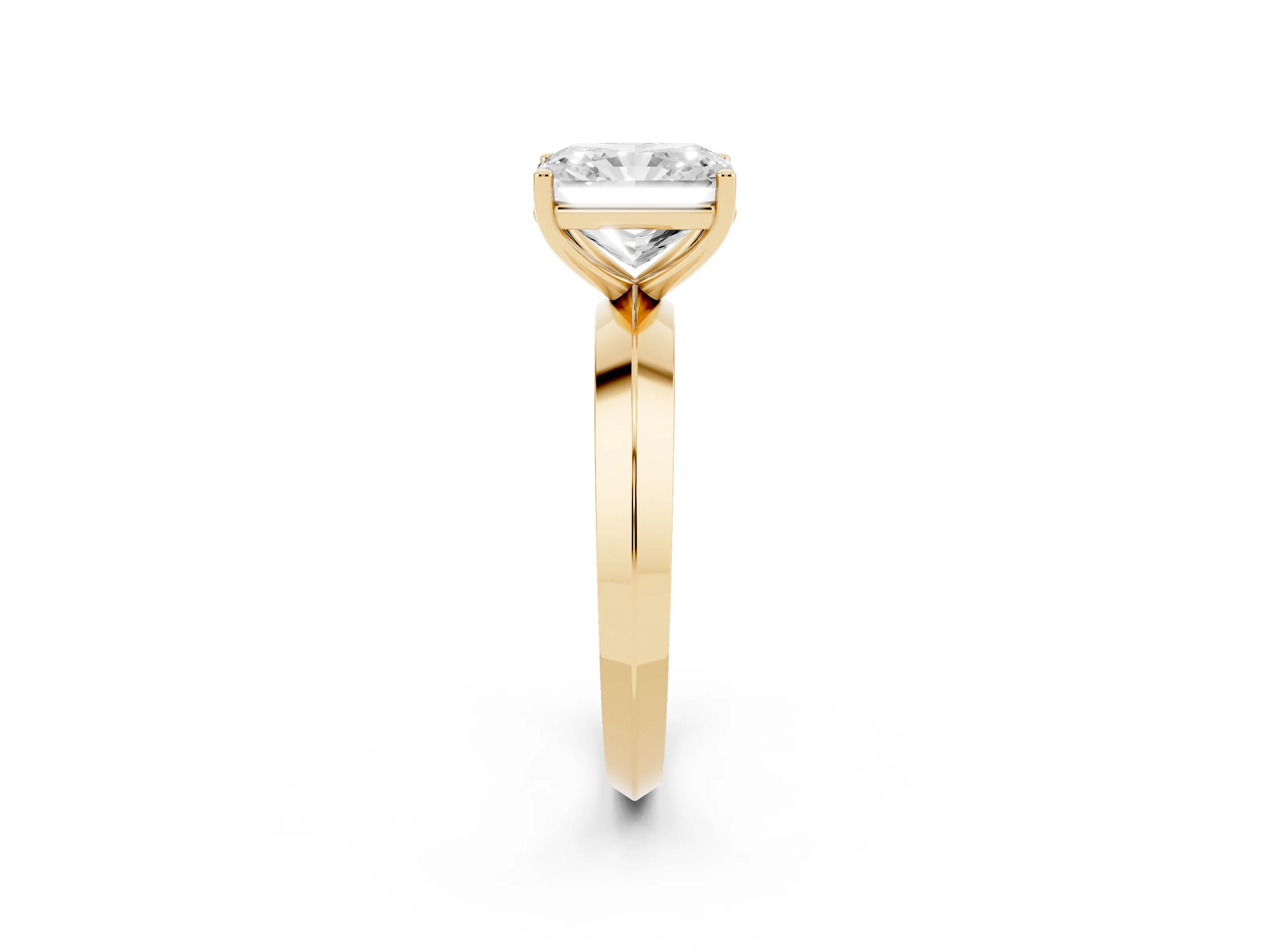Radiant Cut Diamond Solitaire Engagement Ring Set in Yellow gold with Flat Band and Prong Setting