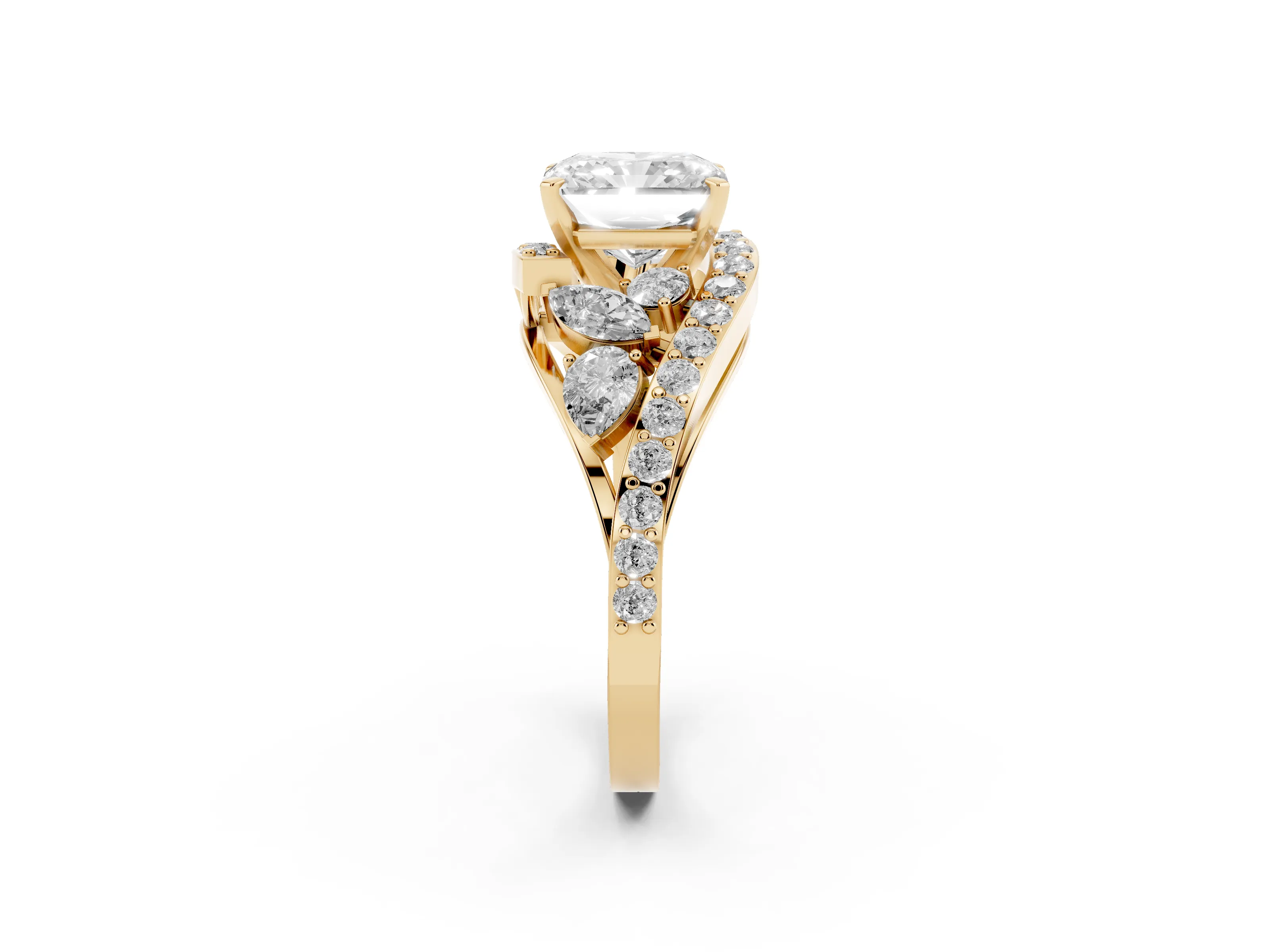 Radiant Cut Diamond Halo Ring Set in Yellow gold with Marquise and Pavé Band in Prong Setting