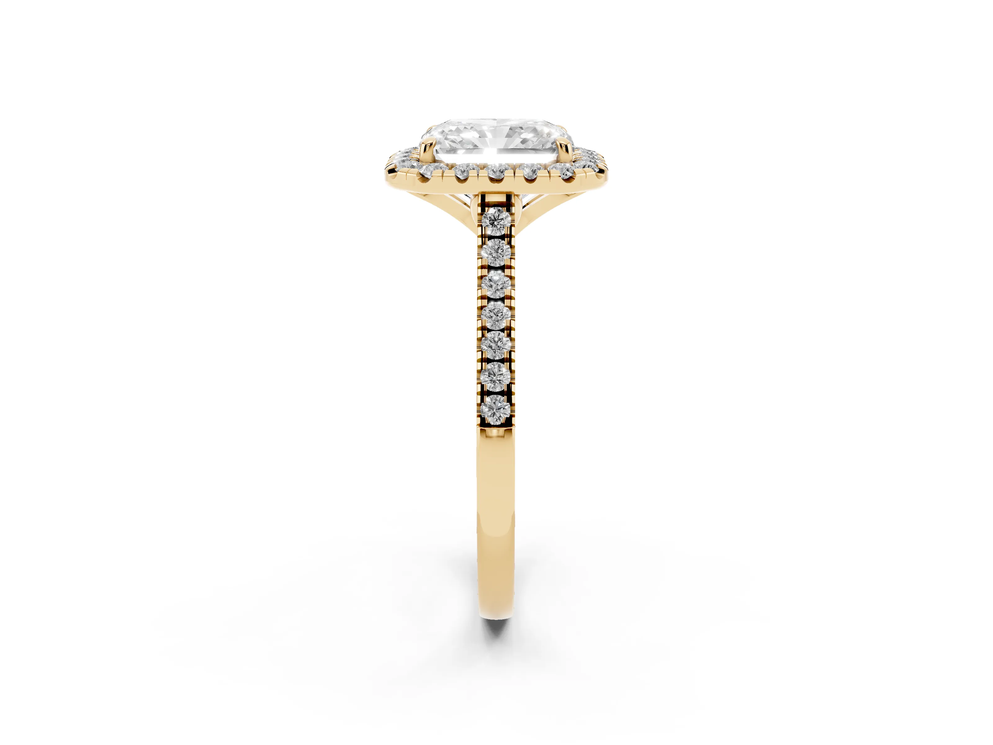 Radiant Cut Diamond Cushion Halo Ring Set in Yellow gold with Pavé Band