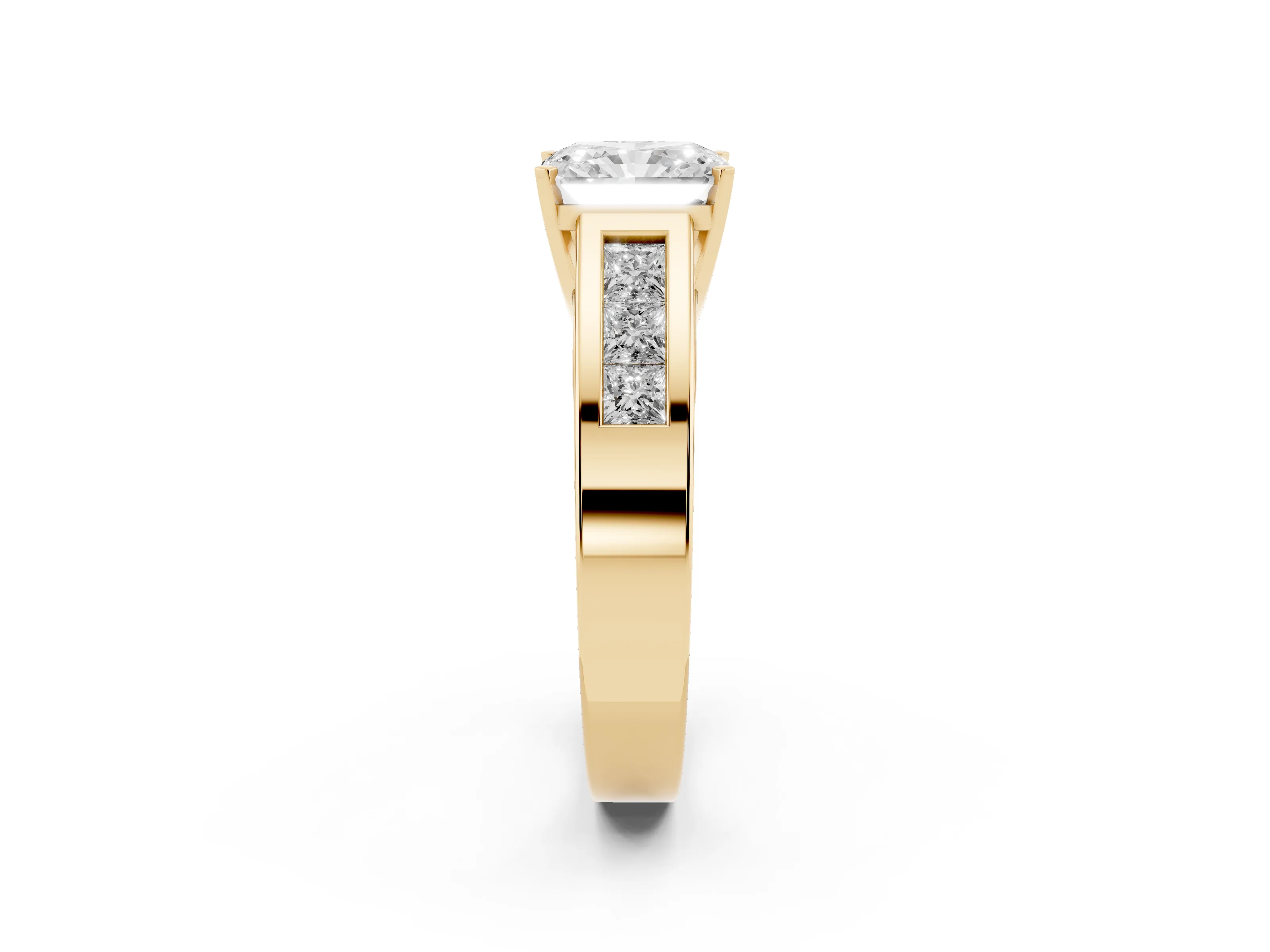 Radiant Cut Diamond Solitaire Ring Set in Yellow gold with Channel-Set Accent Stones and Prong Setting