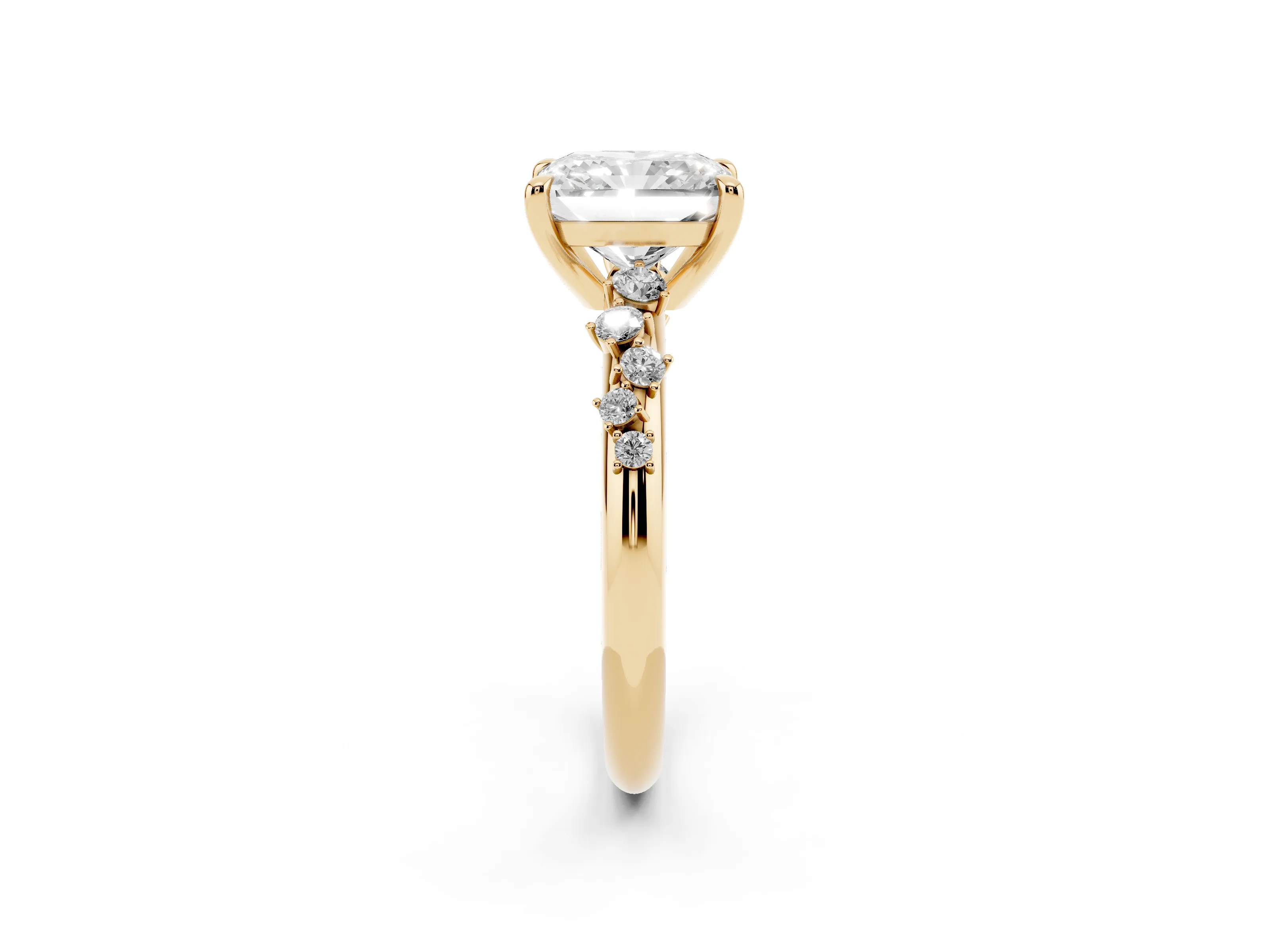 Radiant Cut Diamond Solitaire Vine Band Ring Set in Yellow gold with Round Accents and Prong Setting