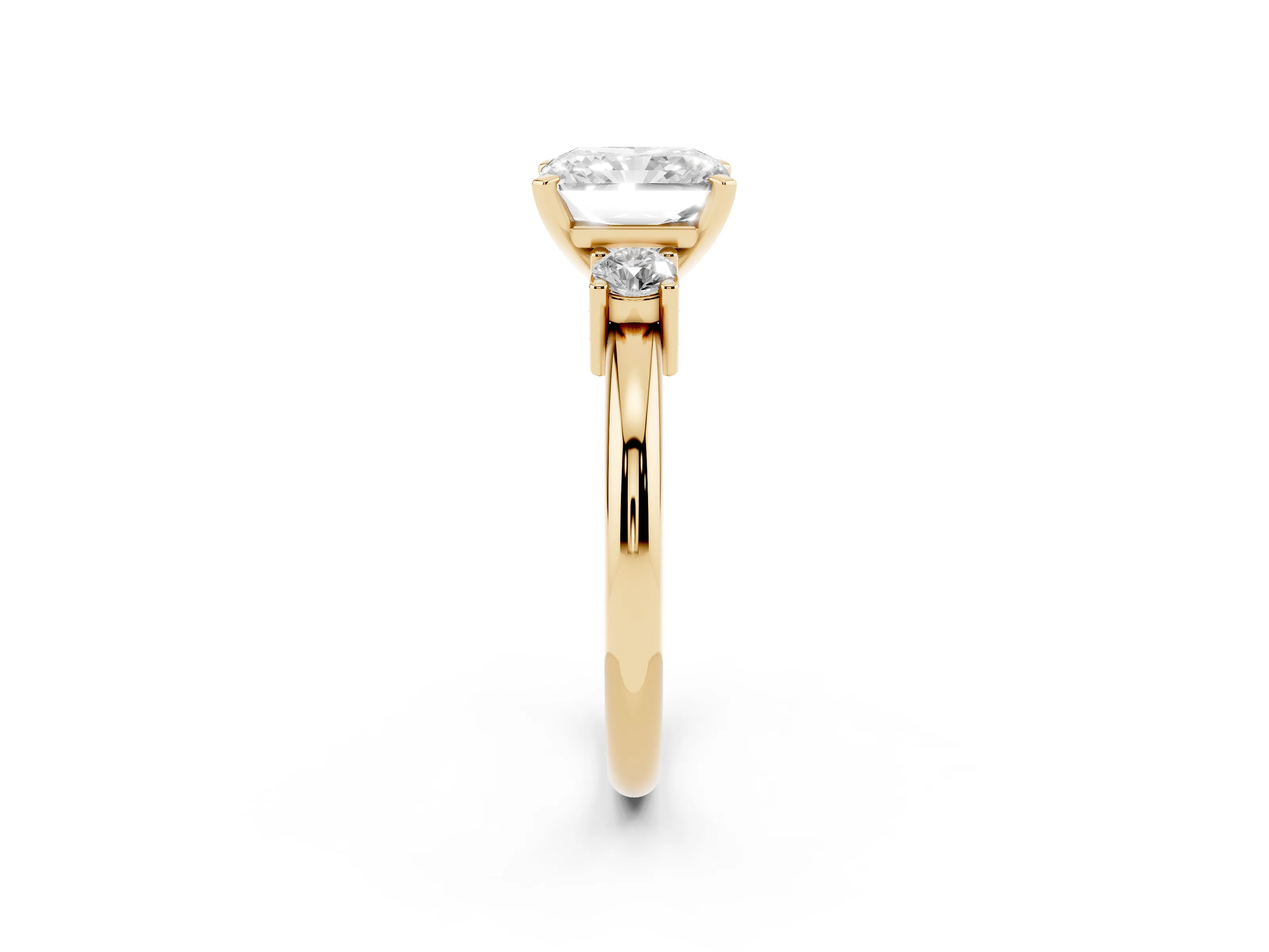 Three-Stone Radiant Cut Diamond Ring Set in Yellow gold with Prong Setting and Plain Band