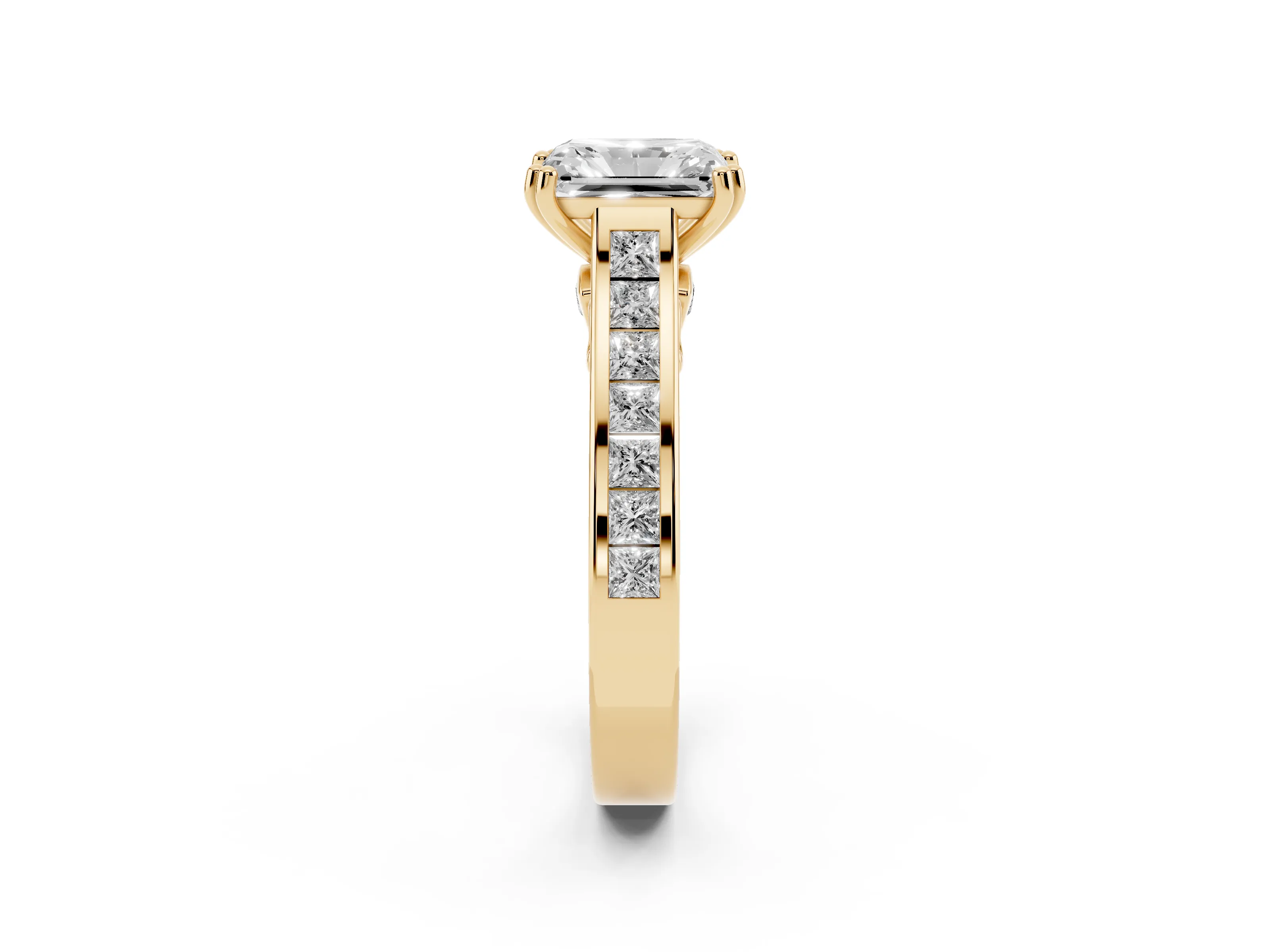 Radiant Cut Diamond Channel Set Solitaire Engagement Ring Set in Yellow gold with Prong Setting