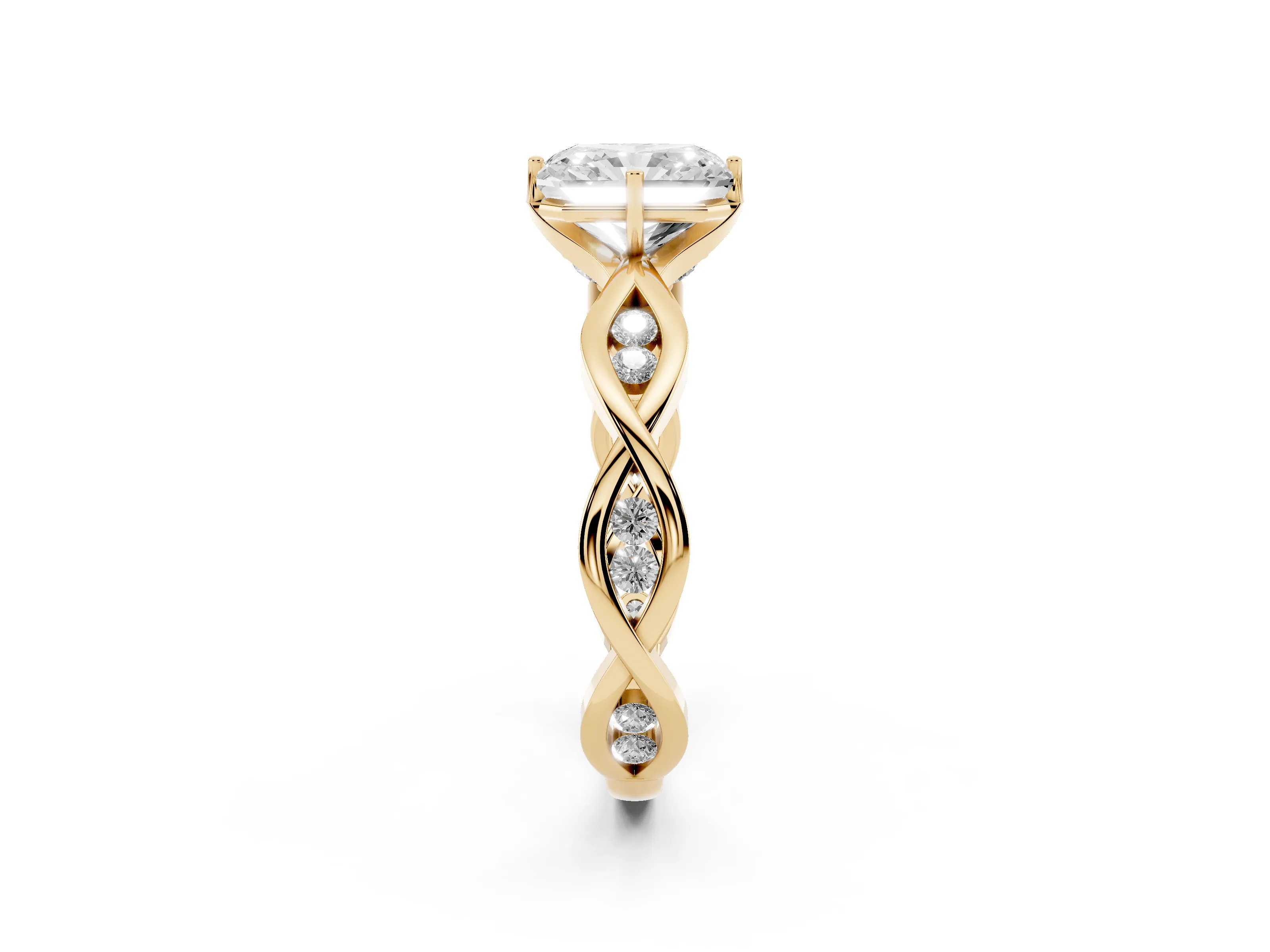 Radiant Cut Diamond Twist Band Solitaire Ring Set in Yellow gold with Leaf Prong Setting and Accent Stones
