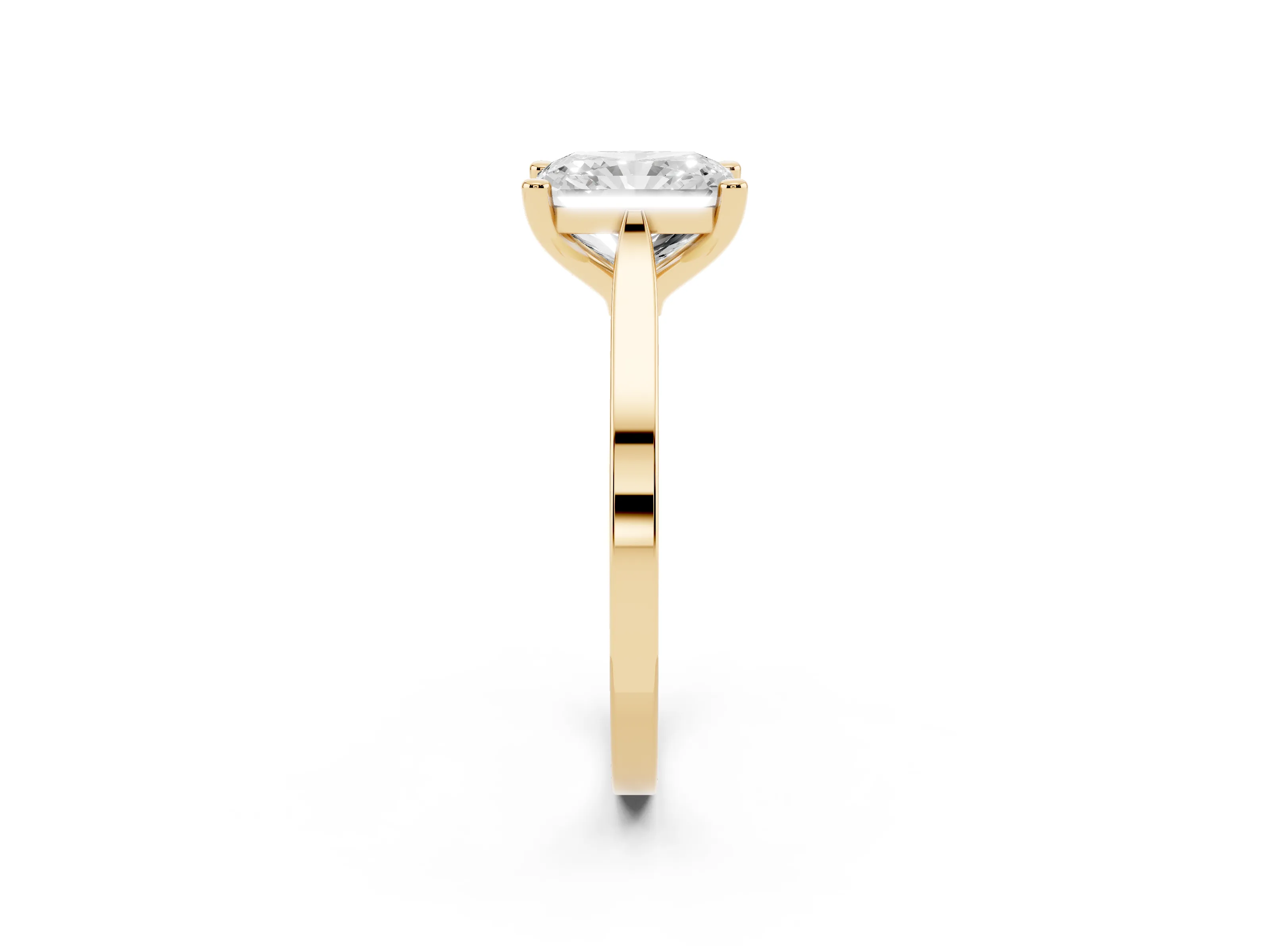 Radiant Cut Diamond Solitaire Ring Set in Yellow gold with Prong Setting and Tapered Band