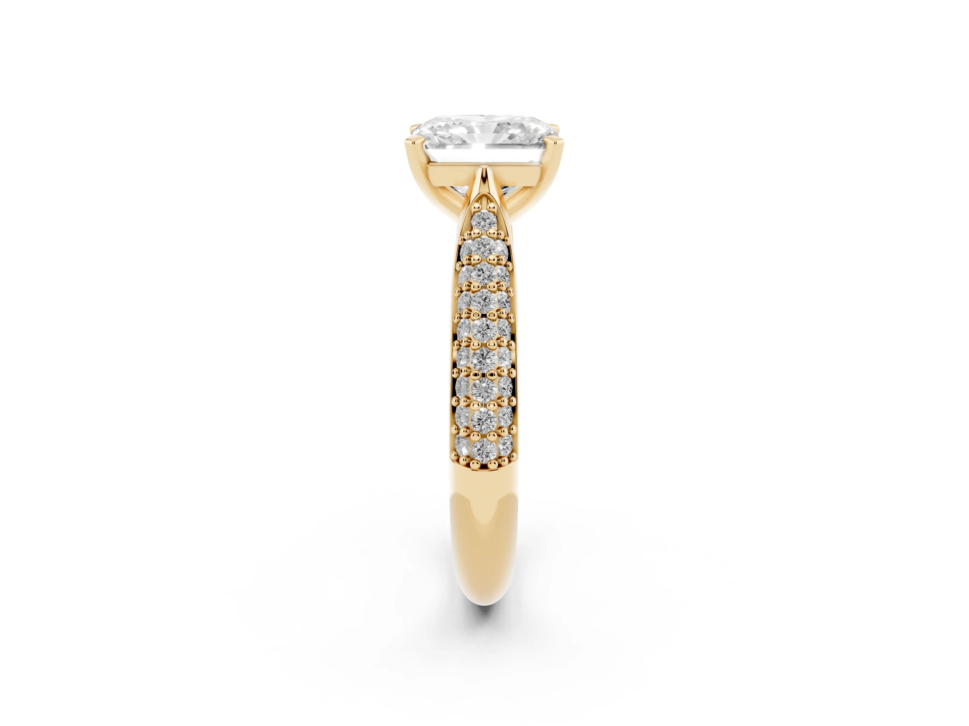 Radiant Cut Diamond Solitaire Engagement Ring Set in Yellow gold with Multi-Row Round Pavé Band and Prong Setting