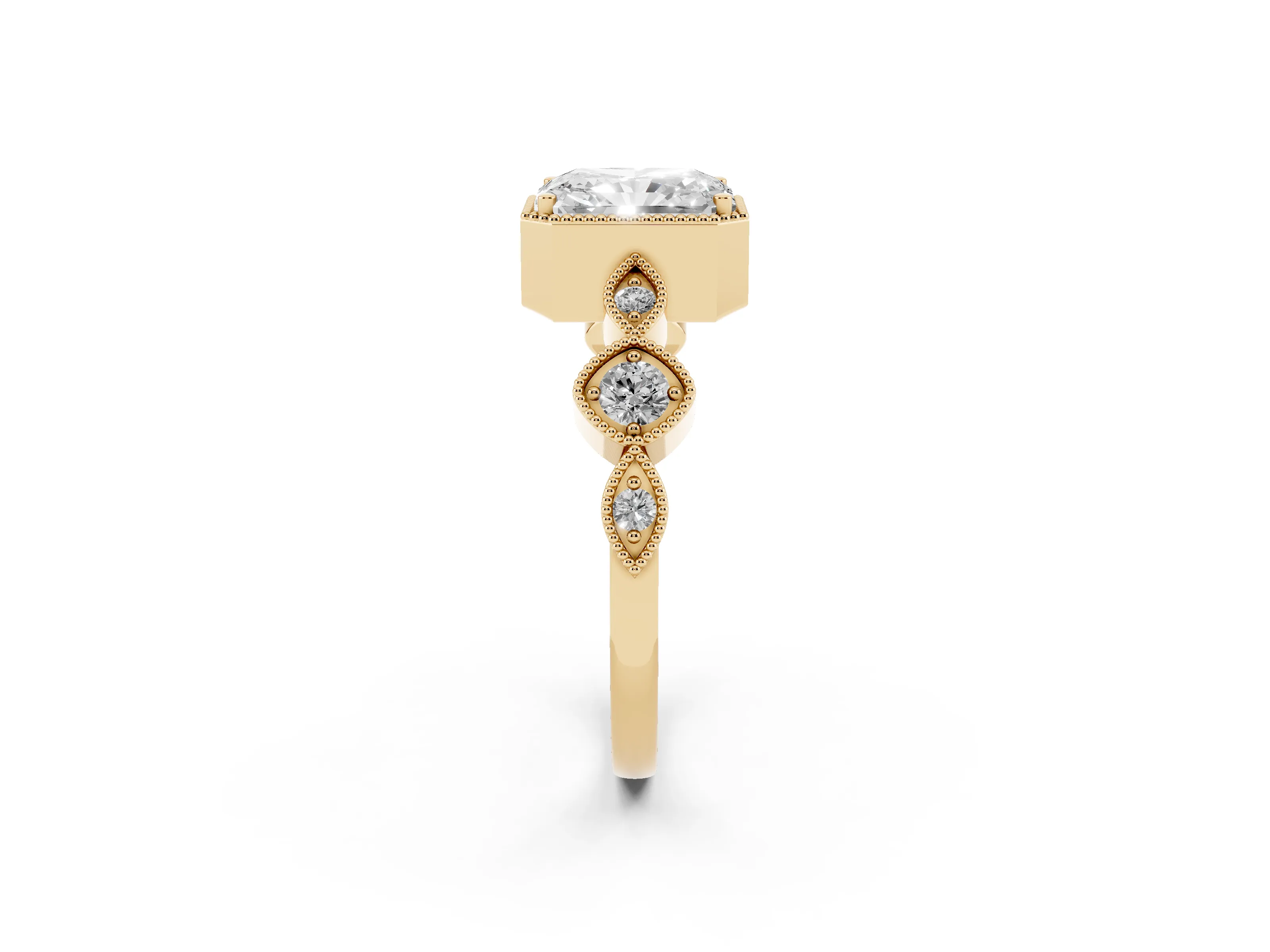 Radiant Cut Diamond Vintage-Inspired Milgrain Ring Set in Yellow gold with Marquise Stations of Round Accents